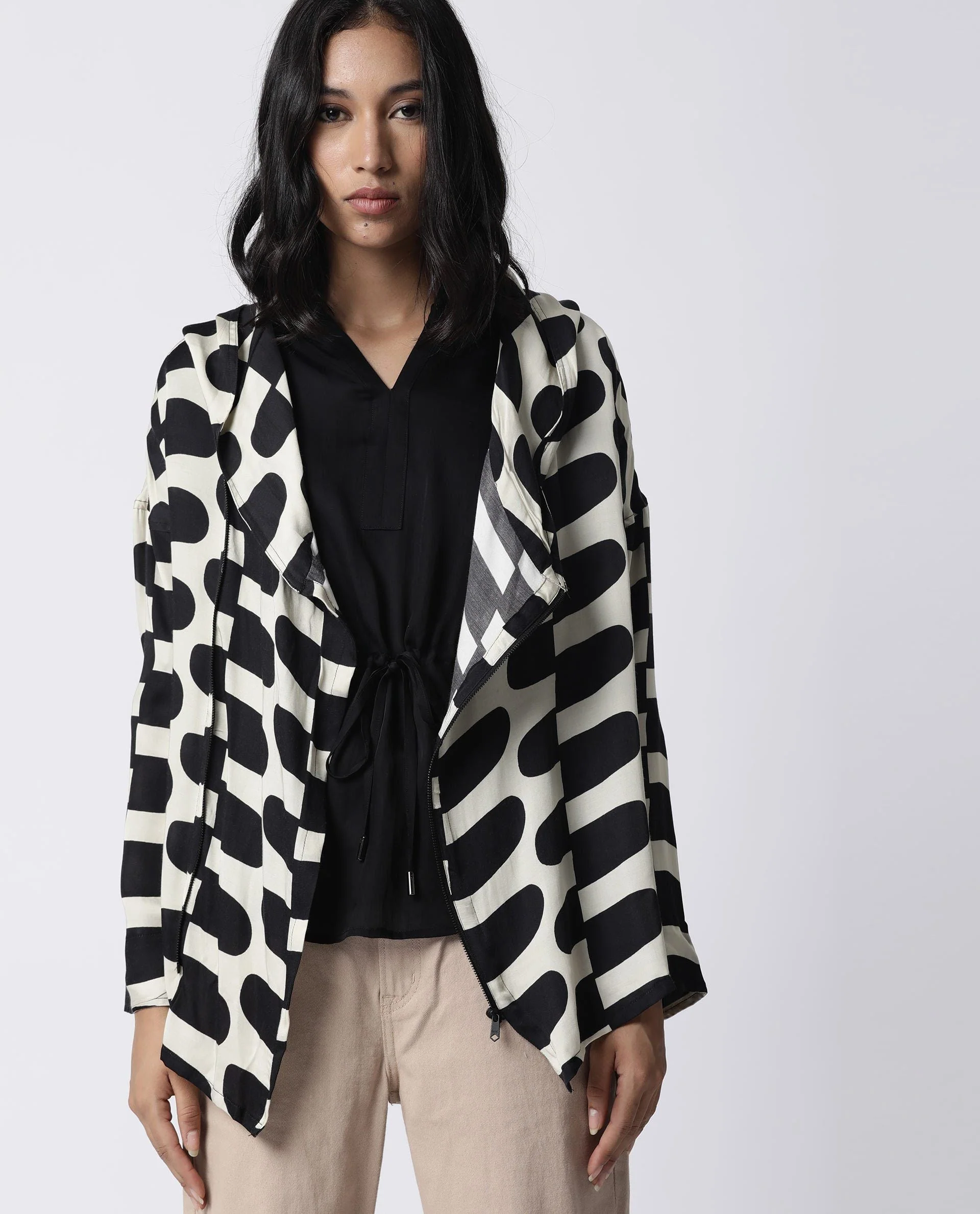Rareism Women Flight Black Outer Wear Full Sleeves Printed