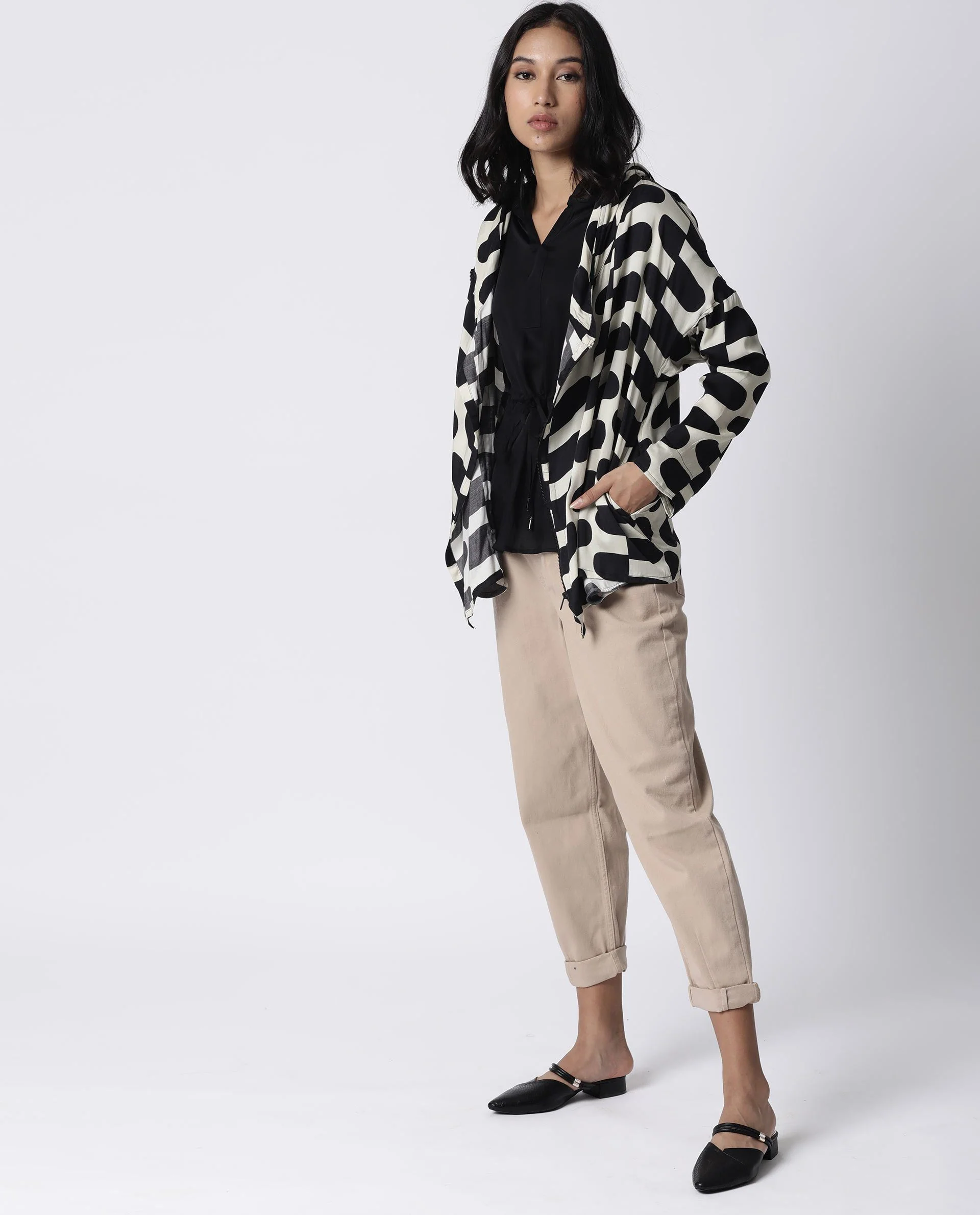 Rareism Women Flight Black Outer Wear Full Sleeves Printed - Image 2