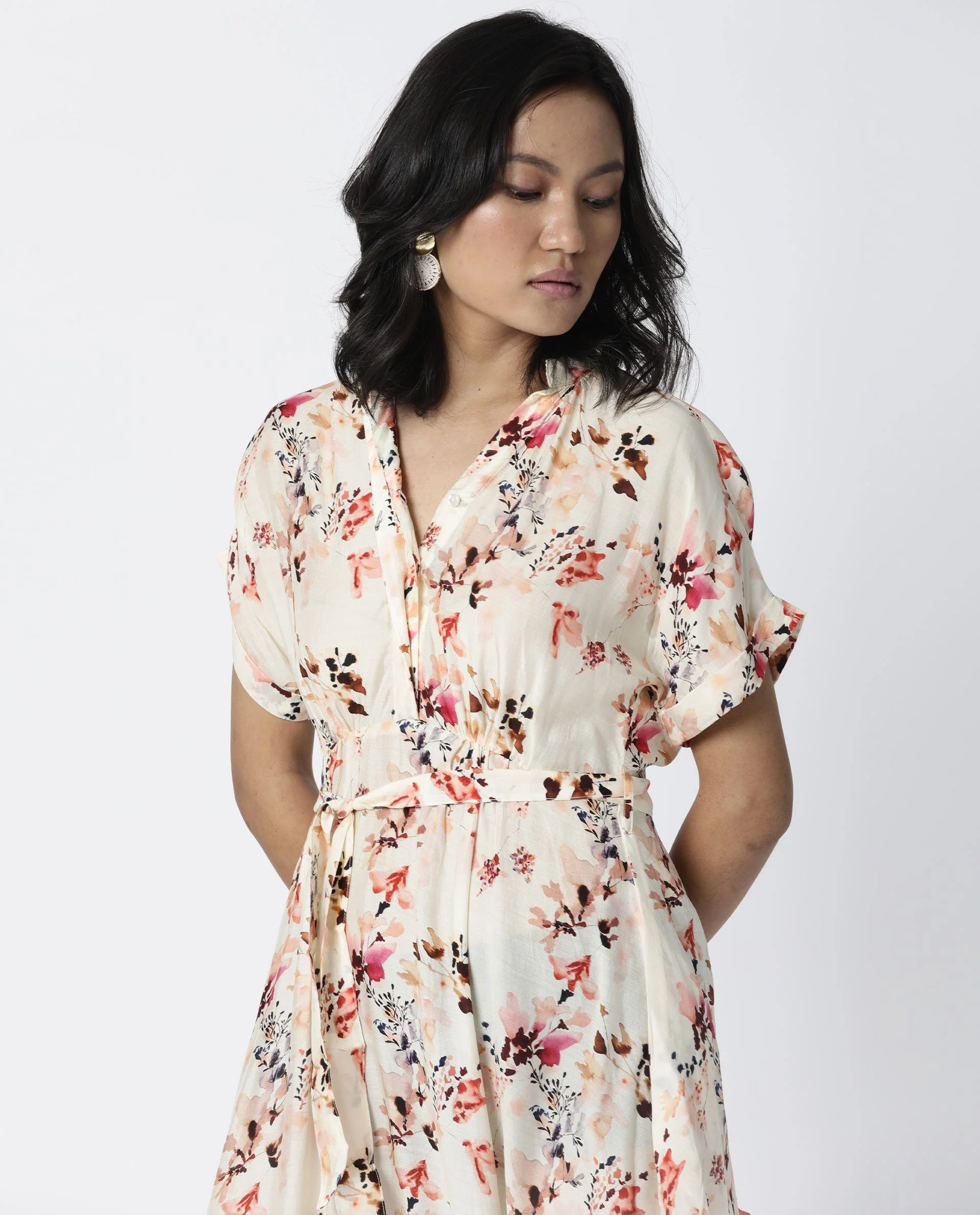 Rareism Womens Fling Off White Dress Cotton Silk Fabric Relaxed Fit Drop Shoulder Half Sleeve A Line Dress Long Length - Image 2