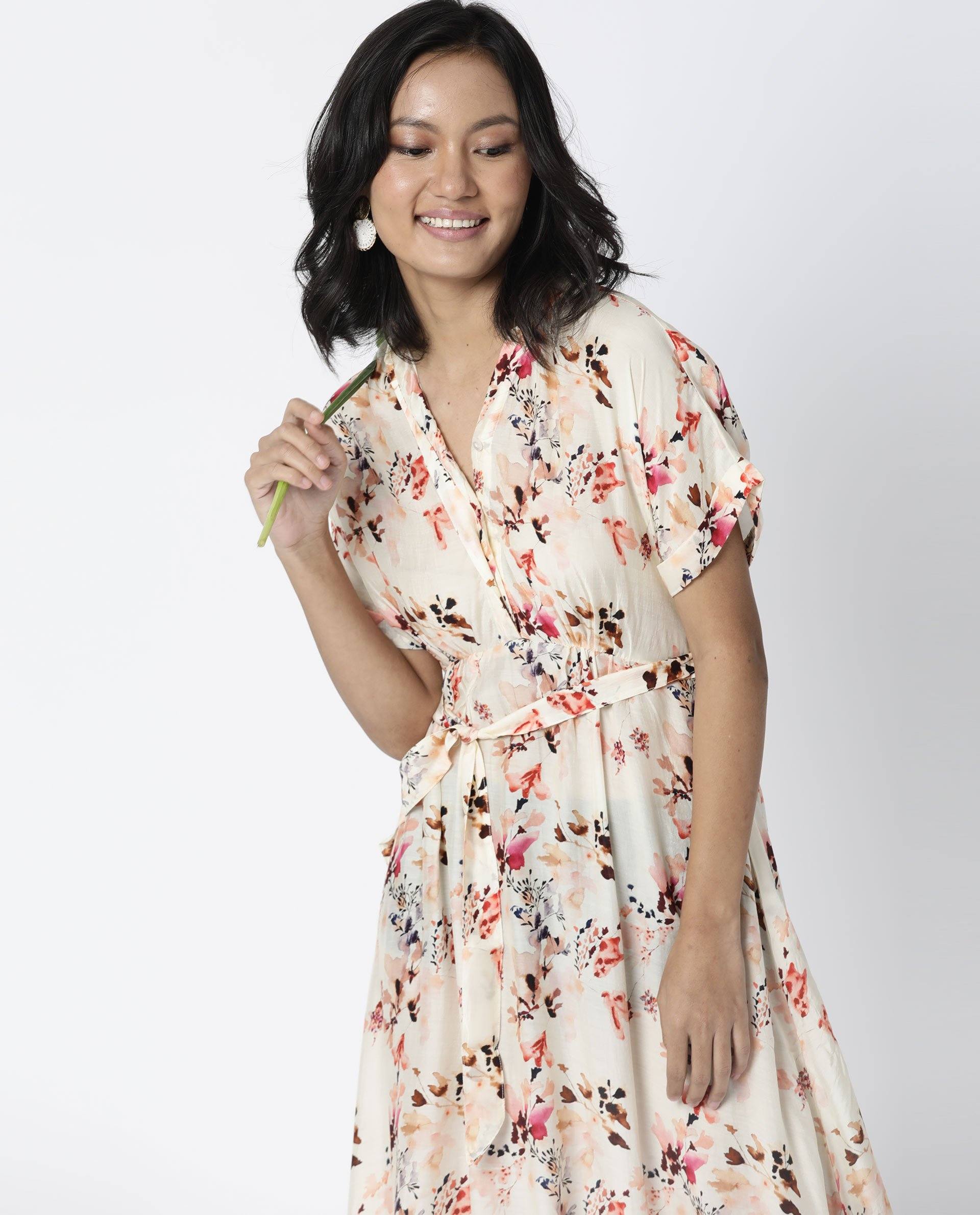 Rareism Womens Fling Off White Dress Cotton Silk Fabric Relaxed Fit Drop Shoulder Half Sleeve A Line Dress Long Length - Image 5