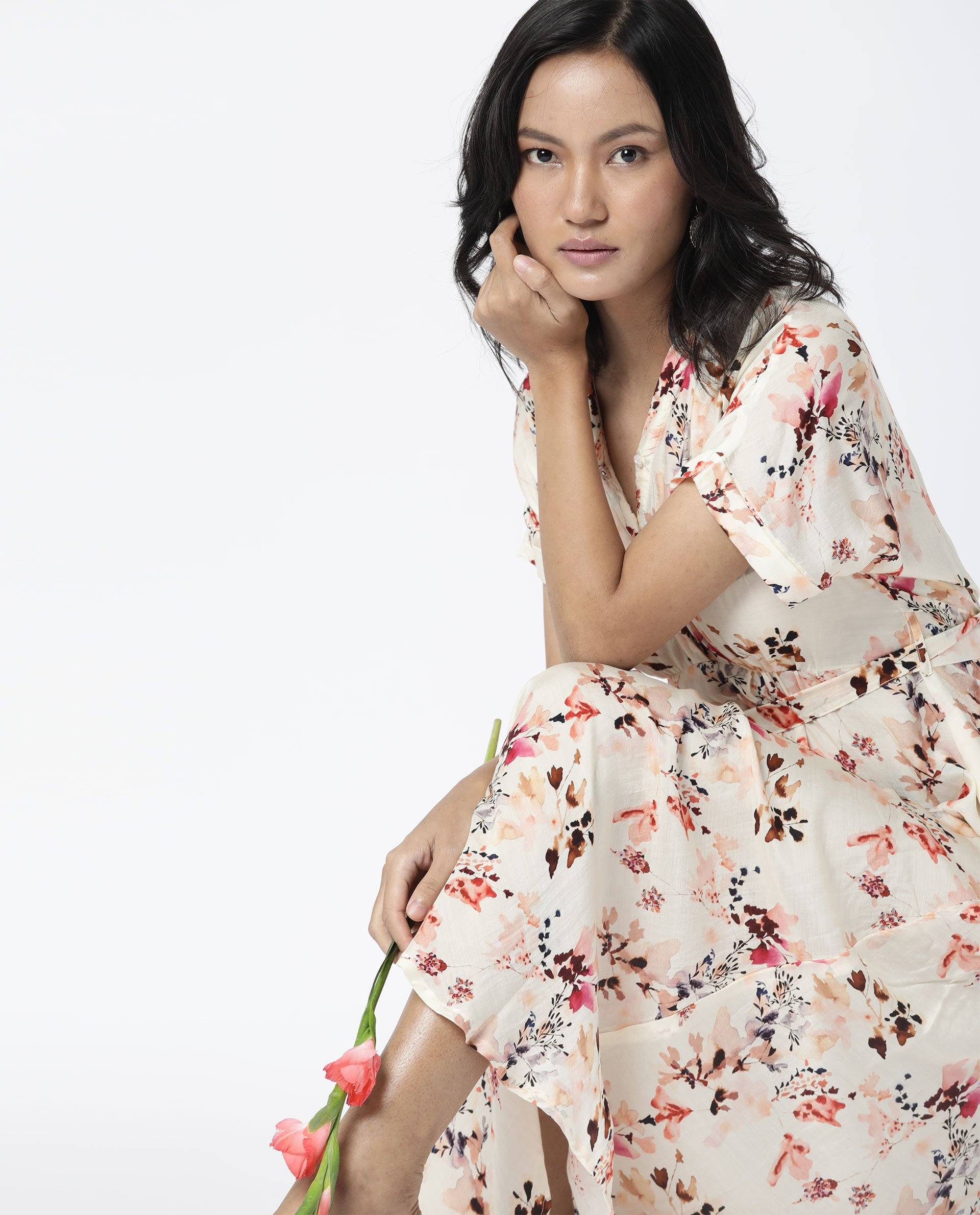 Rareism Womens Fling Off White Dress Cotton Silk Fabric Relaxed Fit Drop Shoulder Half Sleeve A Line Dress Long Length - Image 6
