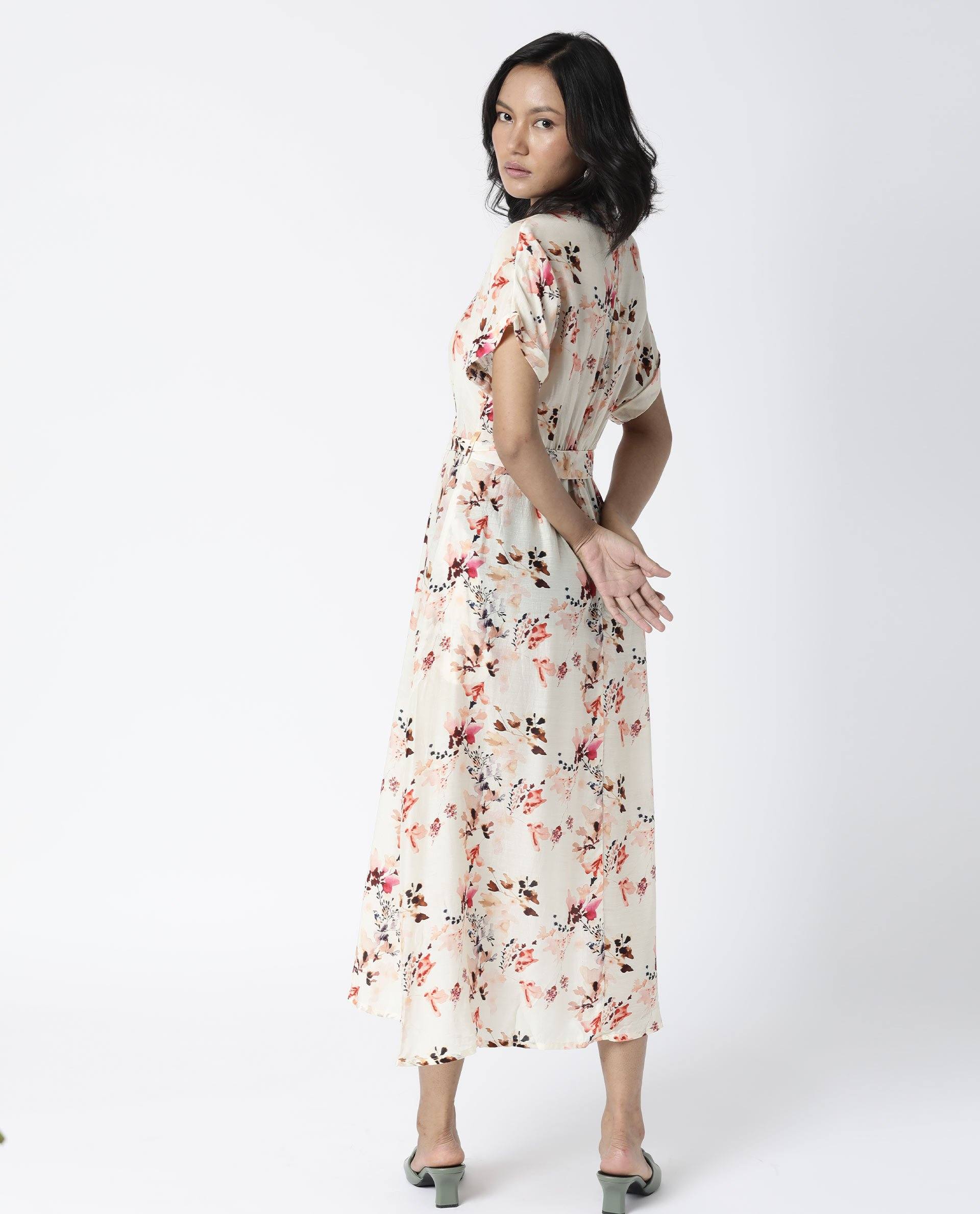 Rareism Womens Fling Off White Dress Cotton Silk Fabric Relaxed Fit Drop Shoulder Half Sleeve A Line Dress Long Length - Image 7