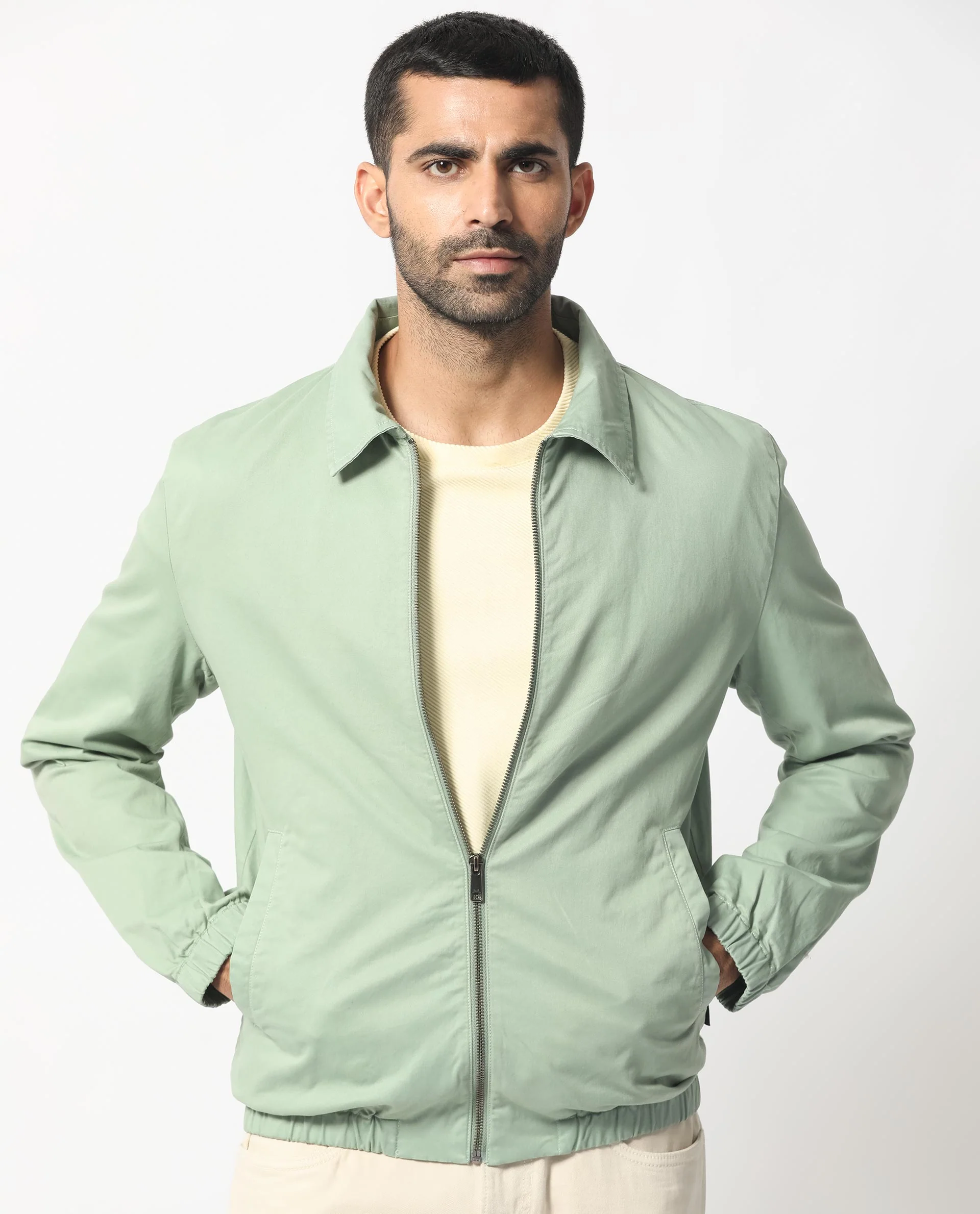 Rare Rabbit Men's Flinsten Dusky Green Cotton Plain Regular Fit Full Sleeve Spread Collar Jacket - Image 4