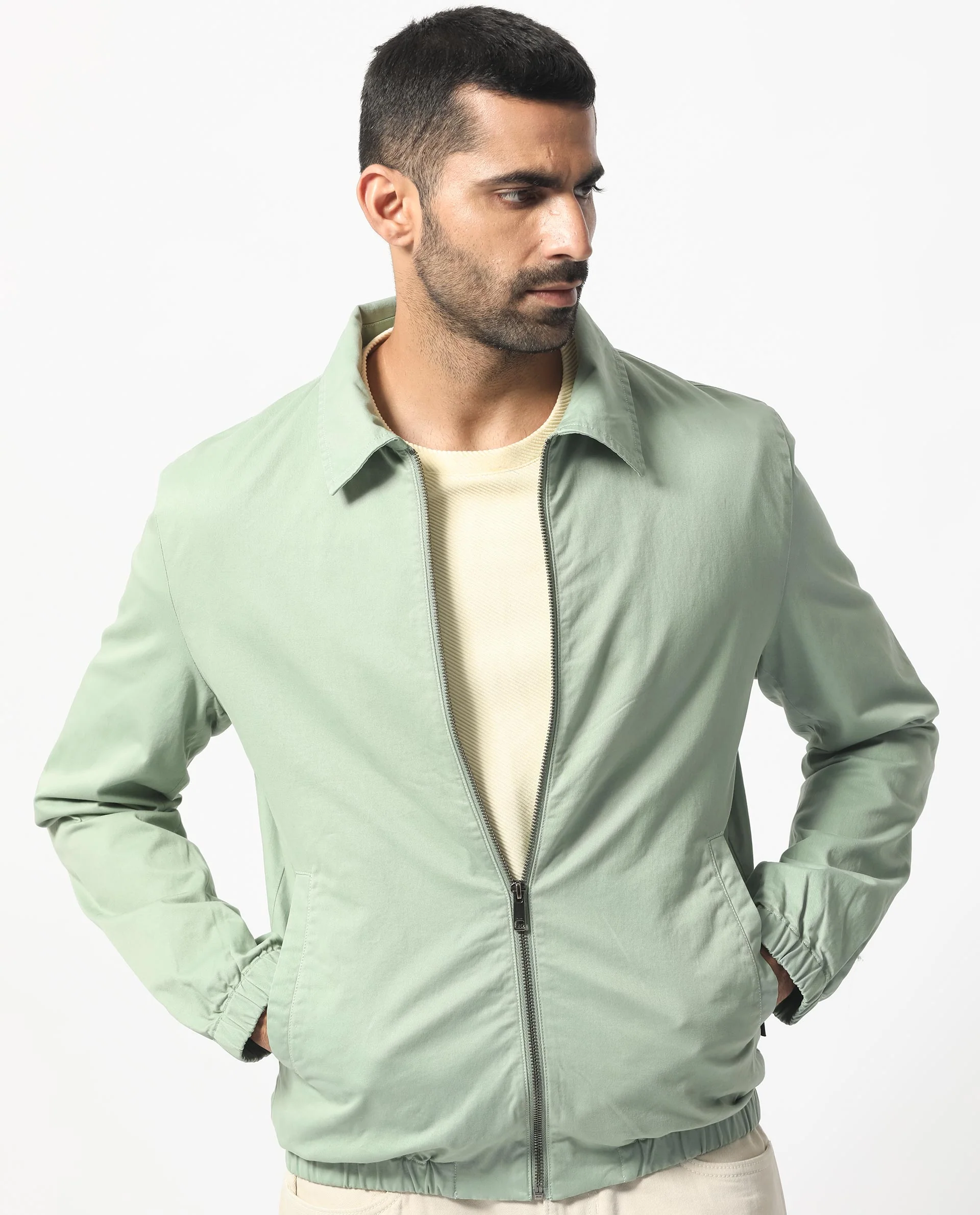 Rare Rabbit Men's Flinsten Dusky Green Cotton Plain Regular Fit Full Sleeve Spread Collar Jacket - Image 5