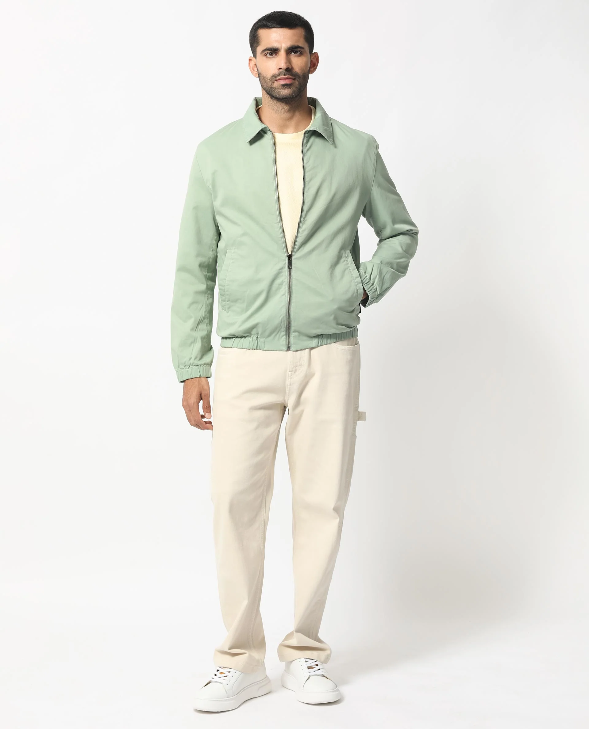 Rare Rabbit Men's Flinsten Dusky Green Cotton Plain Regular Fit Full Sleeve Spread Collar Jacket - Image 6