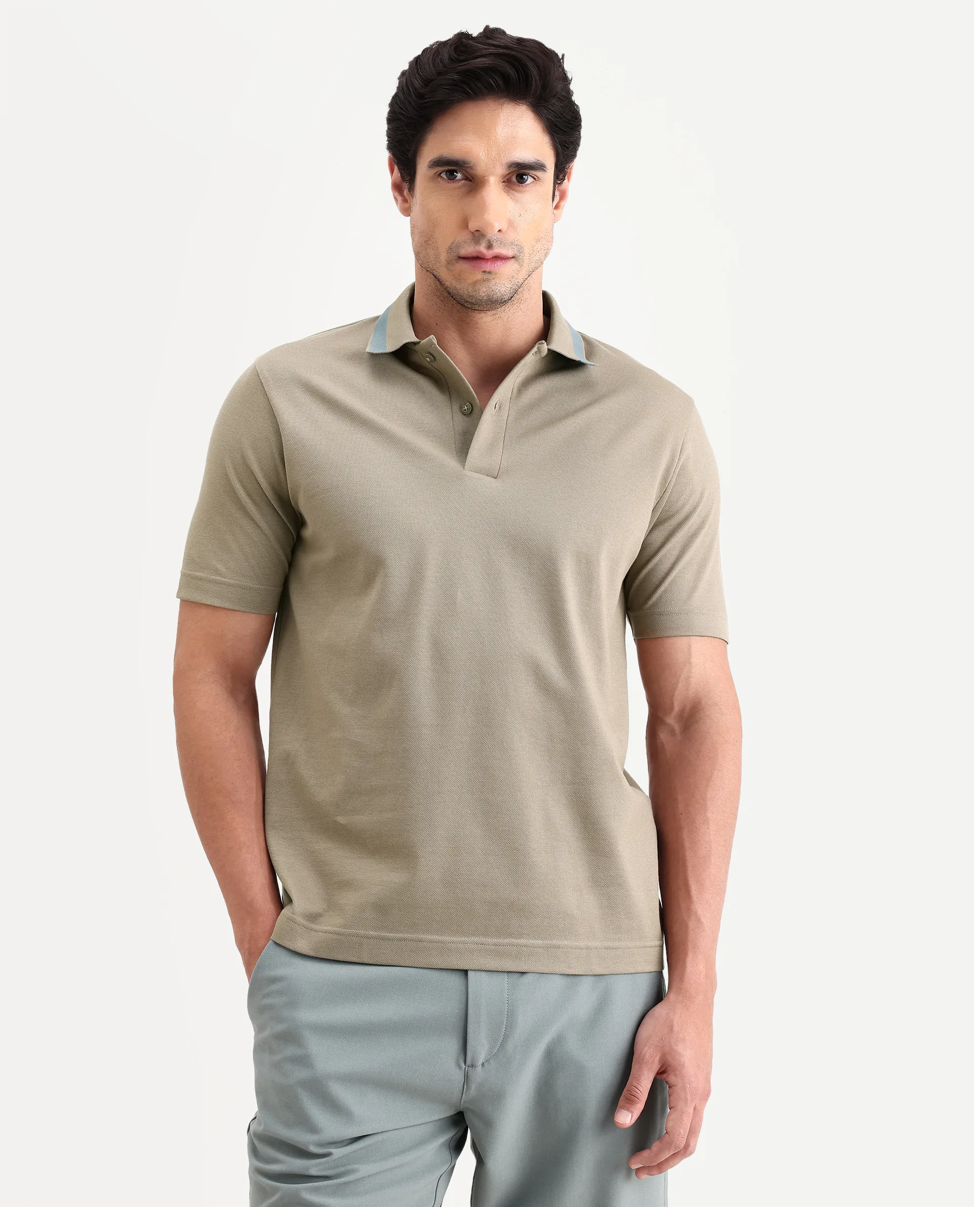 Rare Rabbit Men's Flint Dark Beige Cotton Fabric Half Sleeve Spread Collar Regular Fit Plain Polo - Image 4