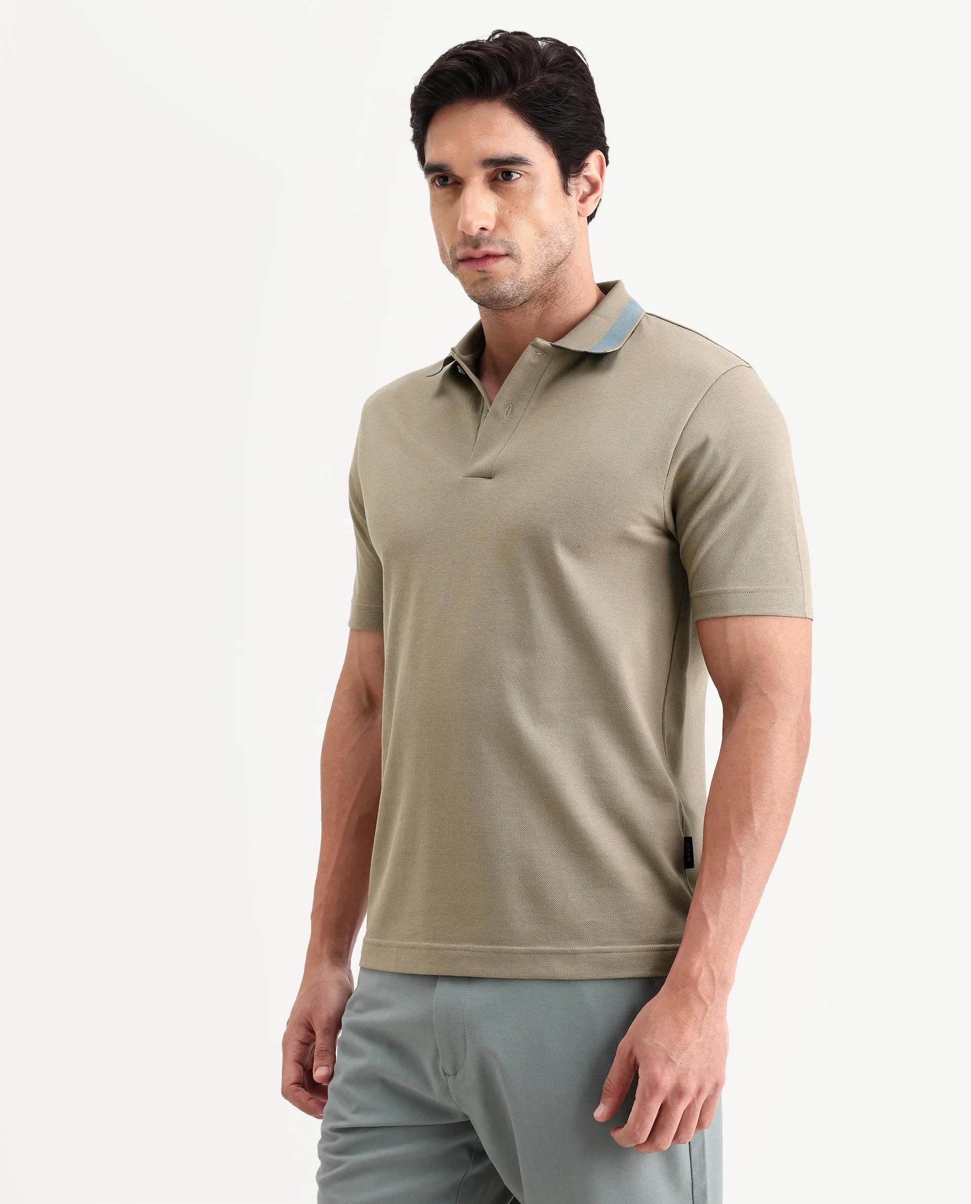 Rare Rabbit Men's Flint Dark Beige Cotton Fabric Half Sleeve Spread Collar Regular Fit Plain Polo - Image 5