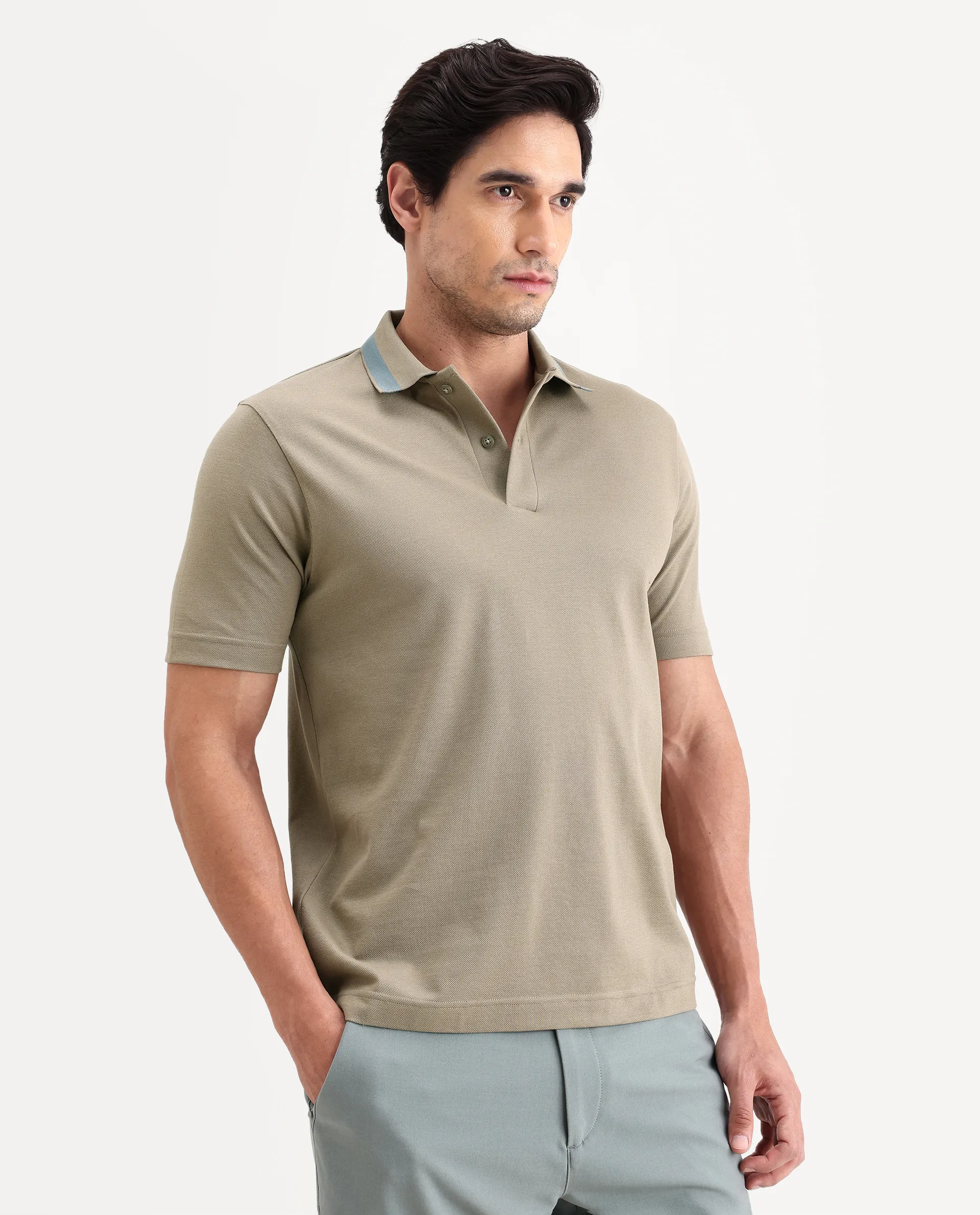Rare Rabbit Men's Flint Dark Beige Cotton Fabric Half Sleeve Spread Collar Regular Fit Plain Polo - Image 6