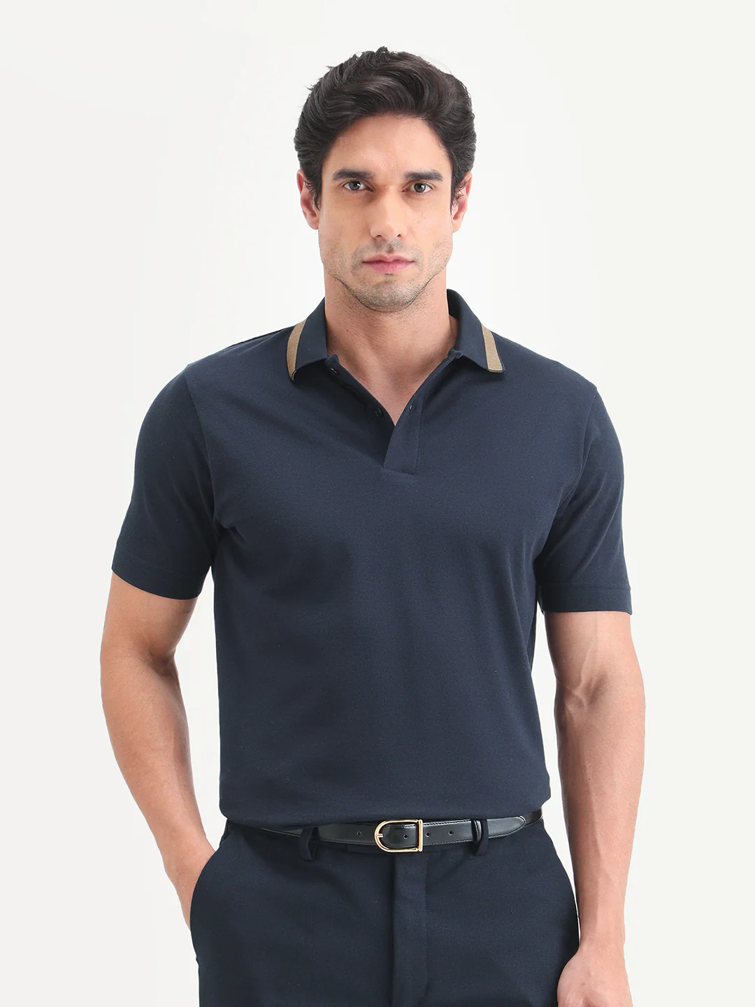 Rare Rabbit Men's Flint Dark Navy Cotton Fabric Half Sleeve Spread Collar Regular Fit Plain Polo - Image 4