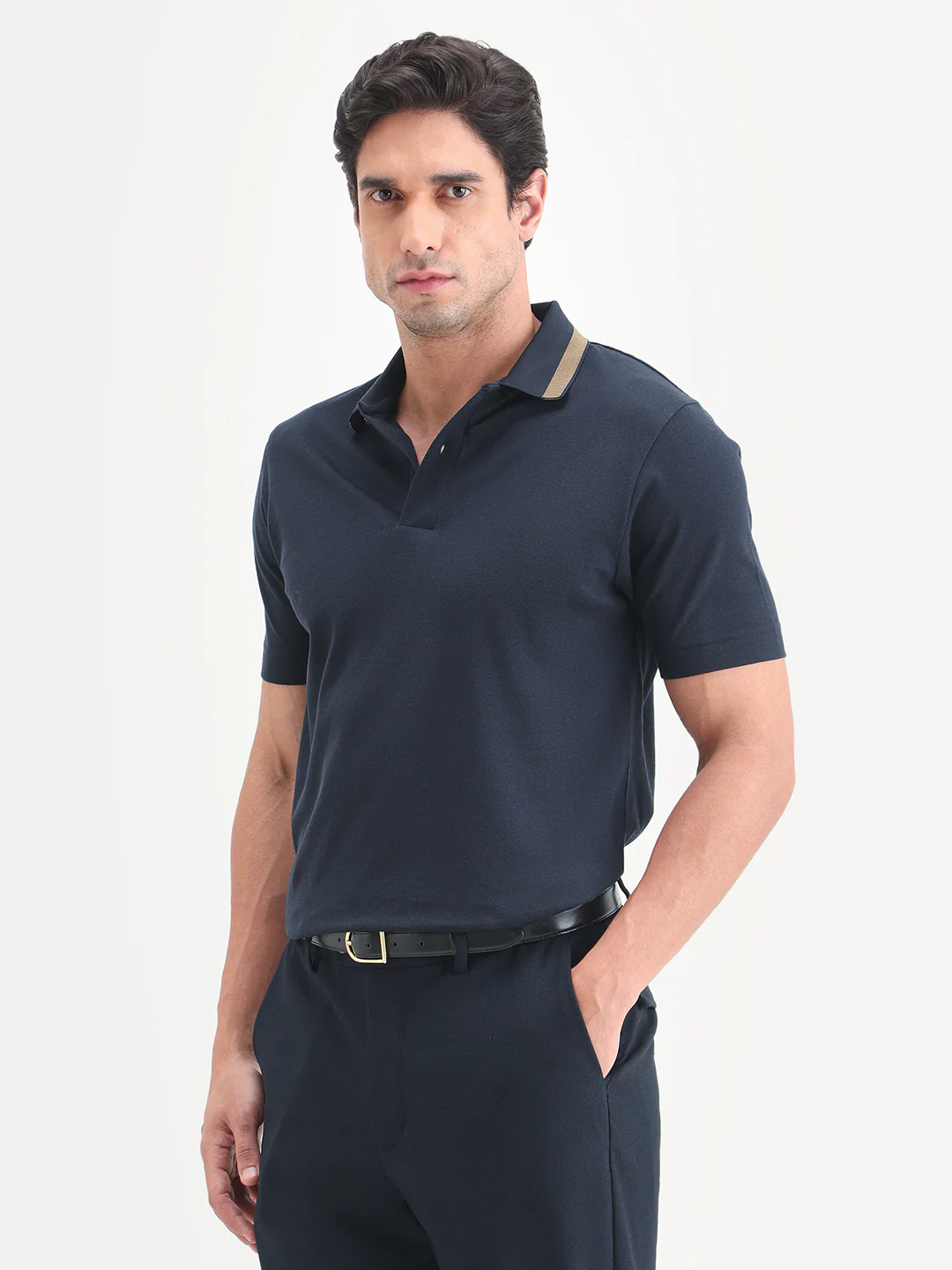 Rare Rabbit Men's Flint Dark Navy Cotton Fabric Half Sleeve Spread Collar Regular Fit Plain Polo - Image 5