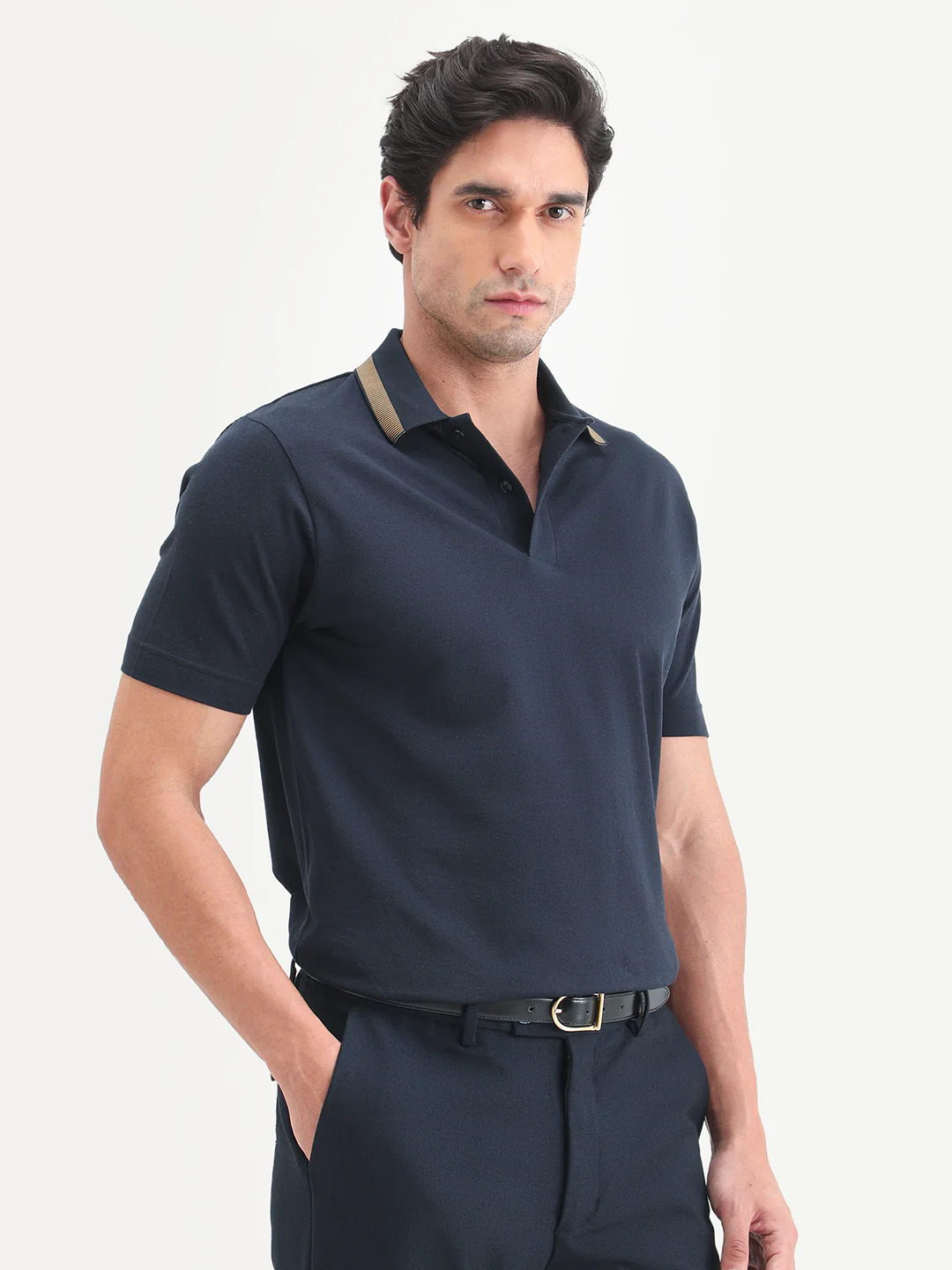 Rare Rabbit Men's Flint Dark Navy Cotton Fabric Half Sleeve Spread Collar Regular Fit Plain Polo - Image 6