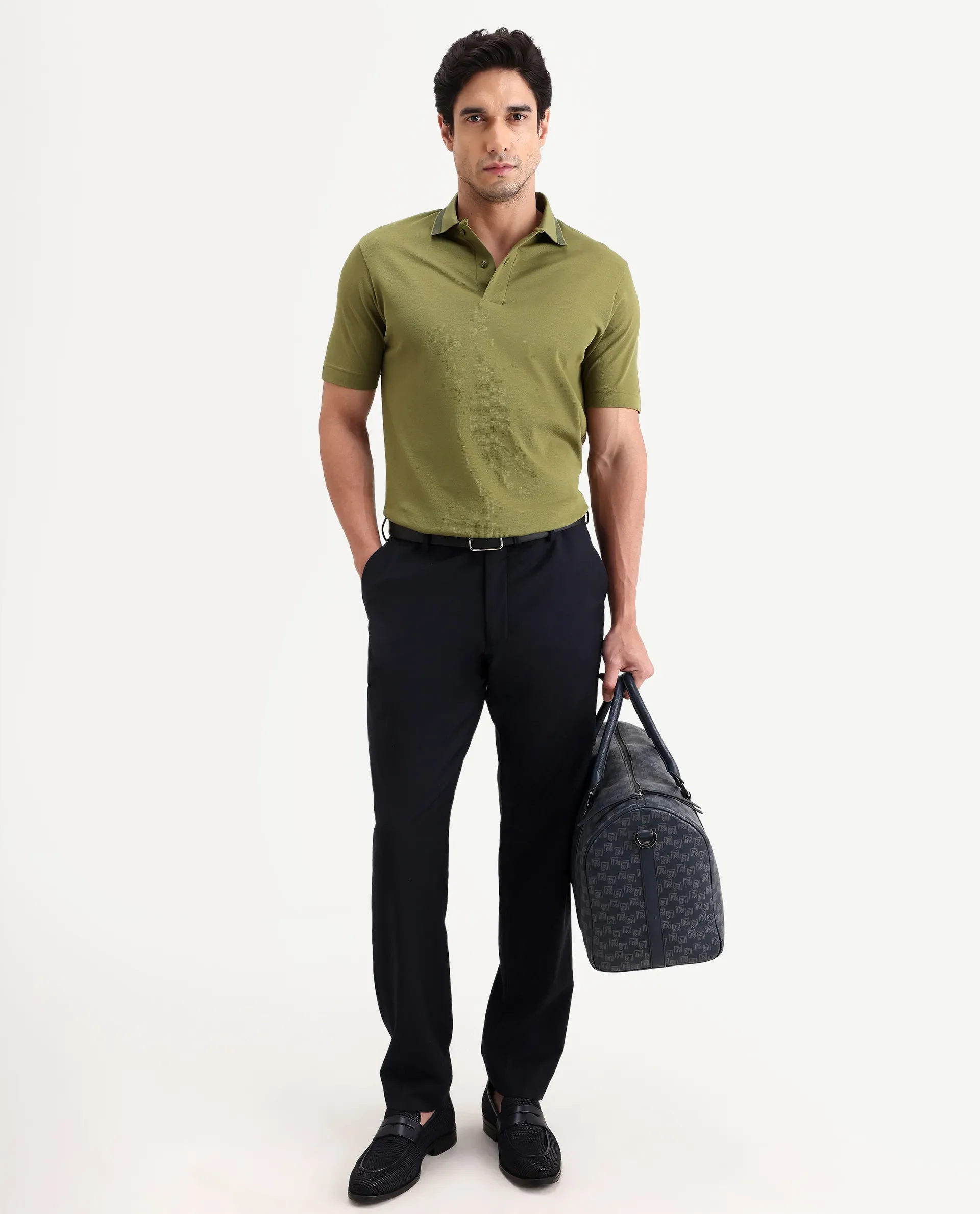 Rare Rabbit Men's Flint Olive Cotton Fabric Half Sleeve Spread Collar Regular Fit Plain Polo - Image 2