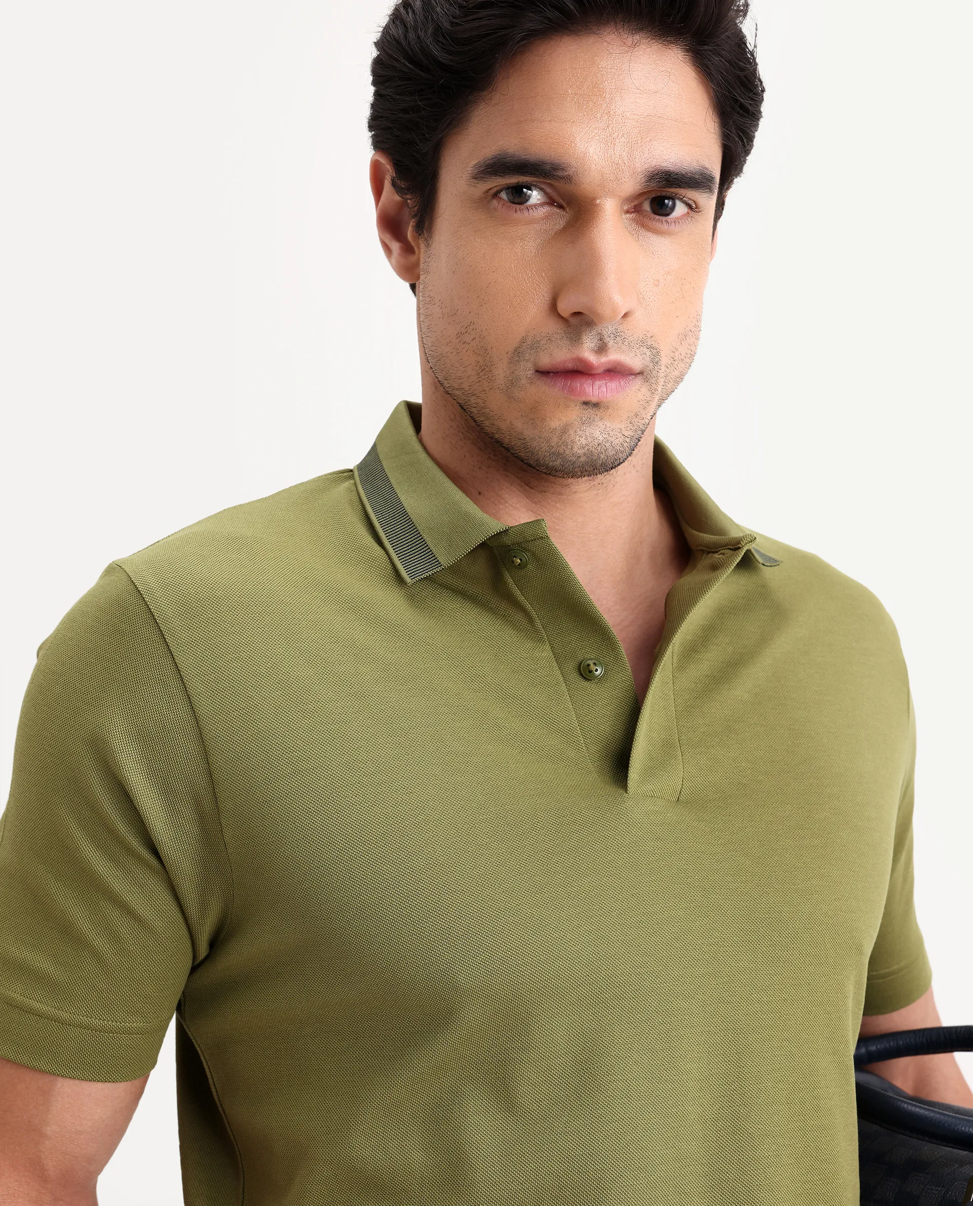 Rare Rabbit Men's Flint Olive Cotton Fabric Half Sleeve Spread Collar Regular Fit Plain Polo - Image 3