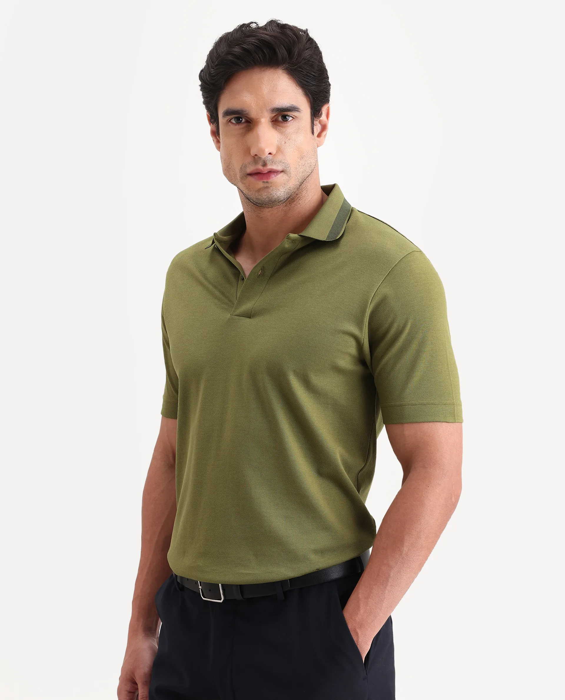Rare Rabbit Men's Flint Olive Cotton Fabric Half Sleeve Spread Collar Regular Fit Plain Polo - Image 4
