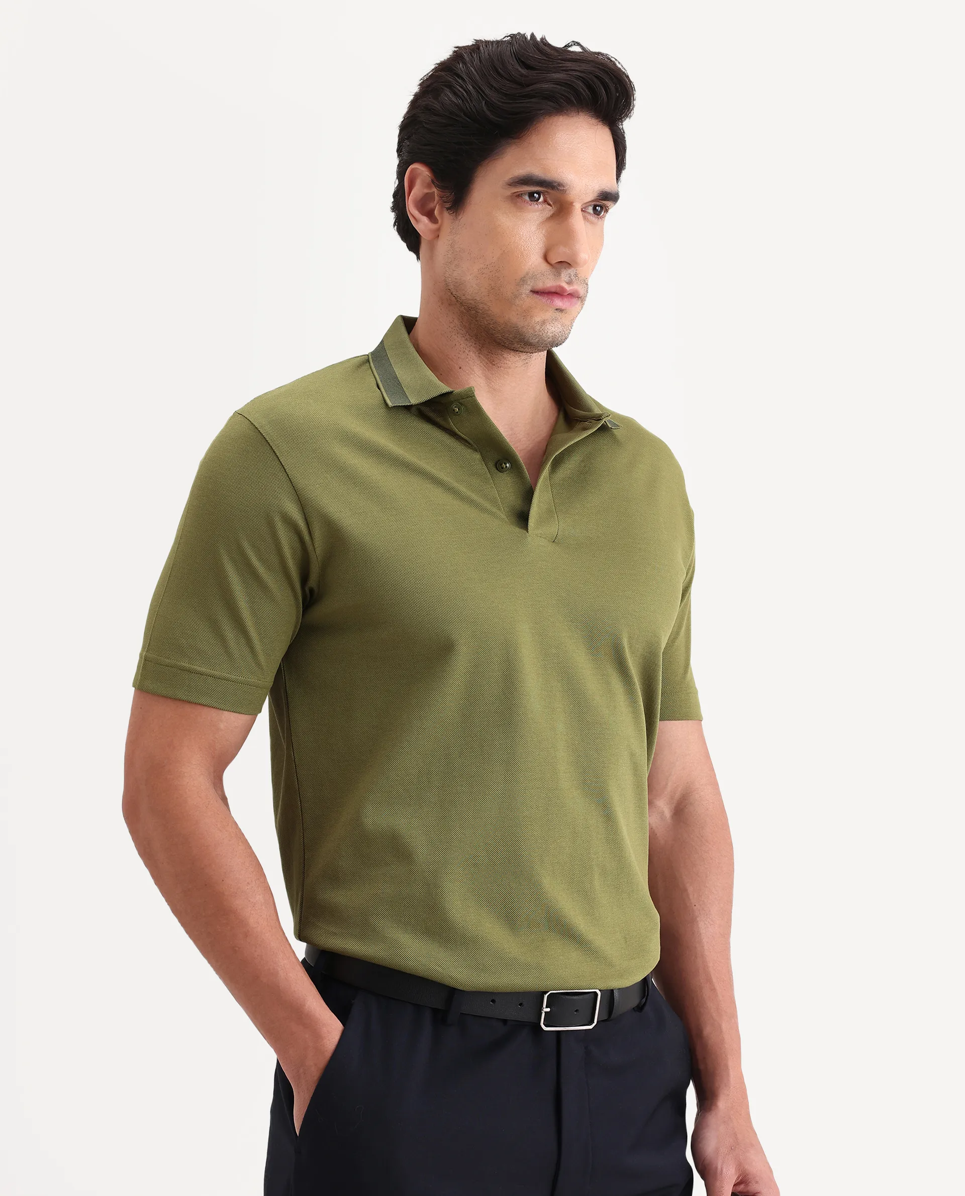 Rare Rabbit Men's Flint Olive Cotton Fabric Half Sleeve Spread Collar Regular Fit Plain Polo - Image 5