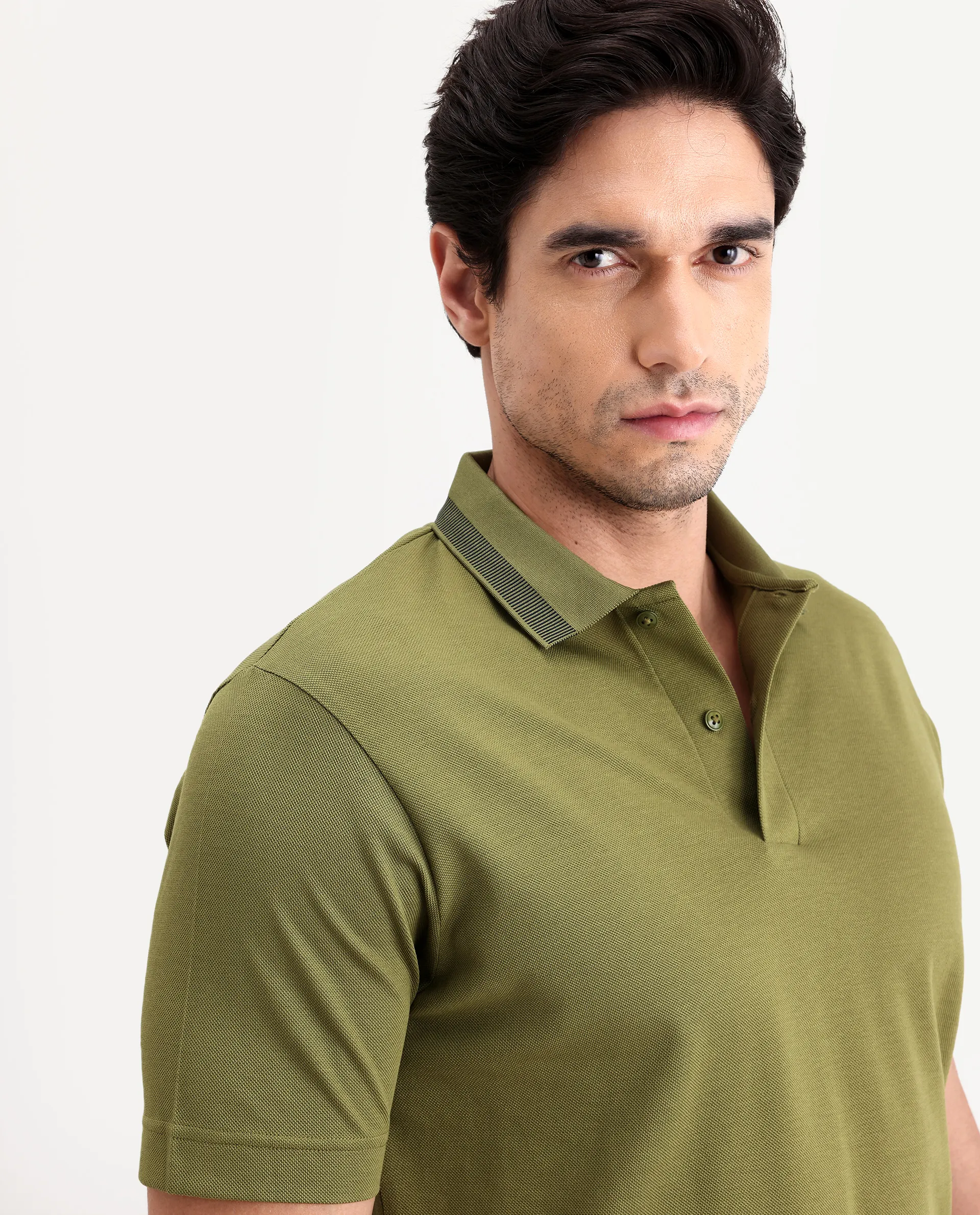 Rare Rabbit Men's Flint Olive Cotton Fabric Half Sleeve Spread Collar Regular Fit Plain Polo - Image 6