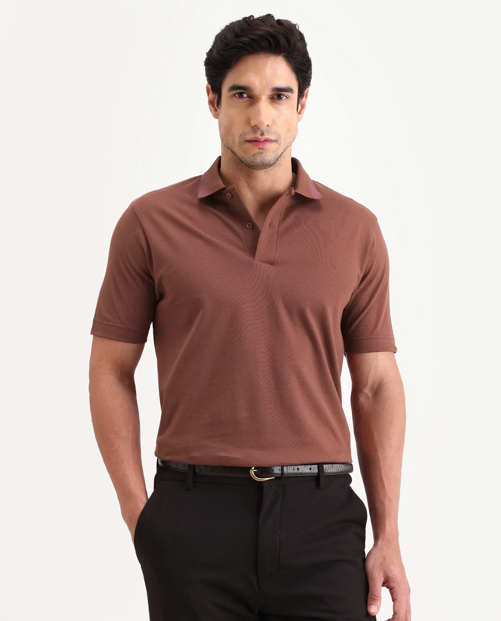 Rare Rabbit Men's Flint Rust Cotton Fabric Half Sleeve Spread Collar Regular Fit Plain Polo - Image 4