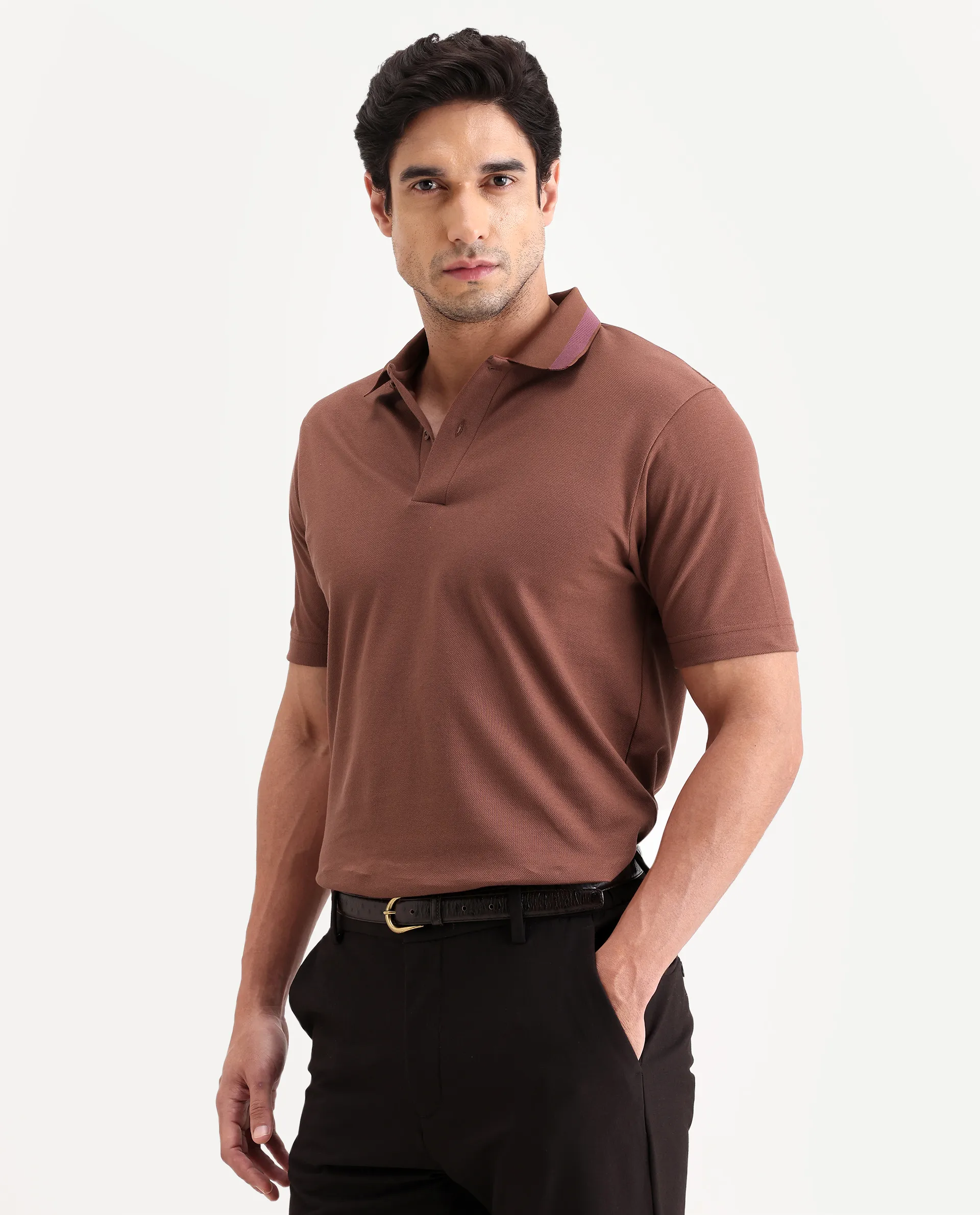 Rare Rabbit Men's Flint Rust Cotton Fabric Half Sleeve Spread Collar Regular Fit Plain Polo - Image 5
