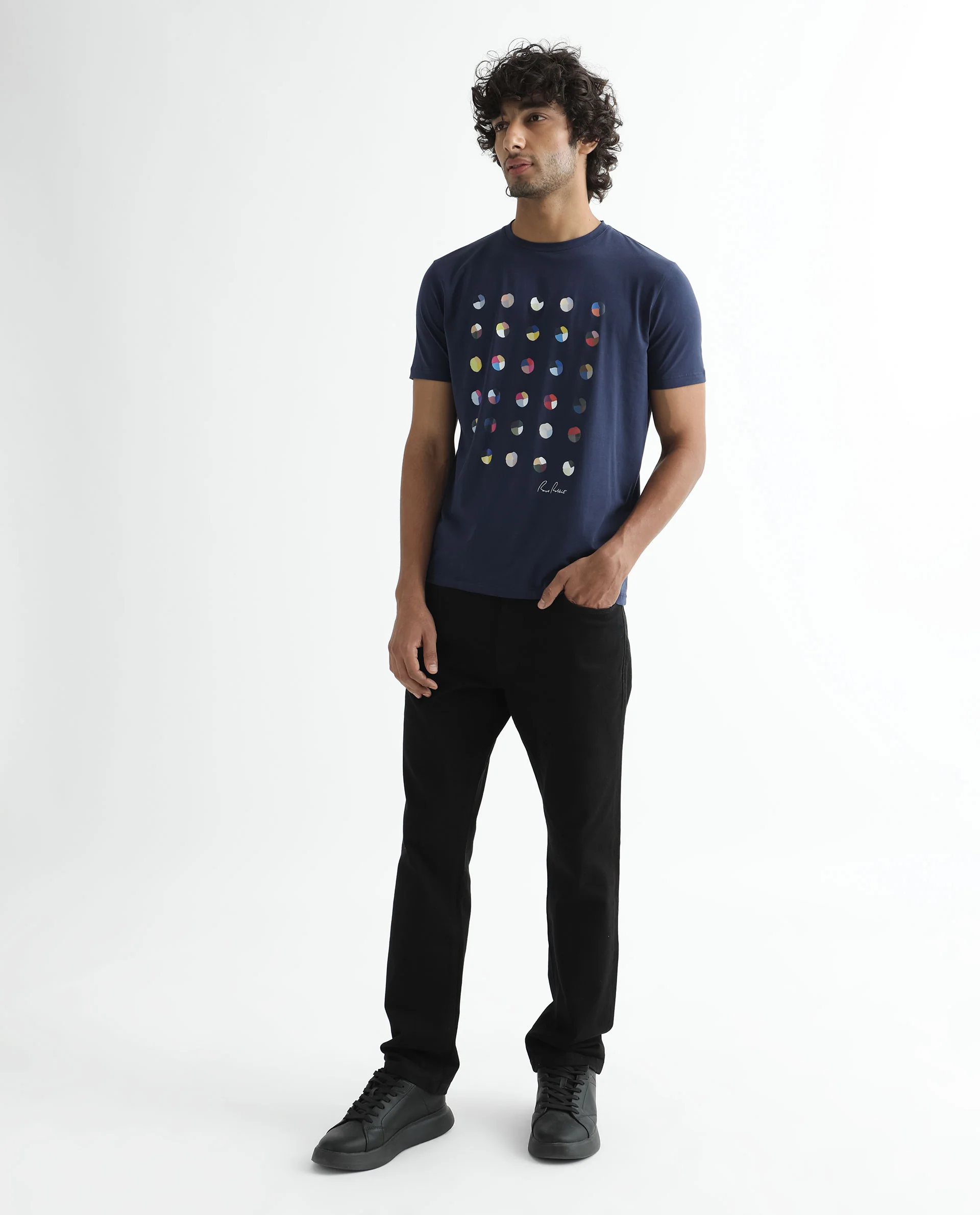 Rare Rabbit Men's Flipp Navy Cotton Graphic Print Slim Fit Half Sleeve Crew Neck T-Shirt - Image 2
