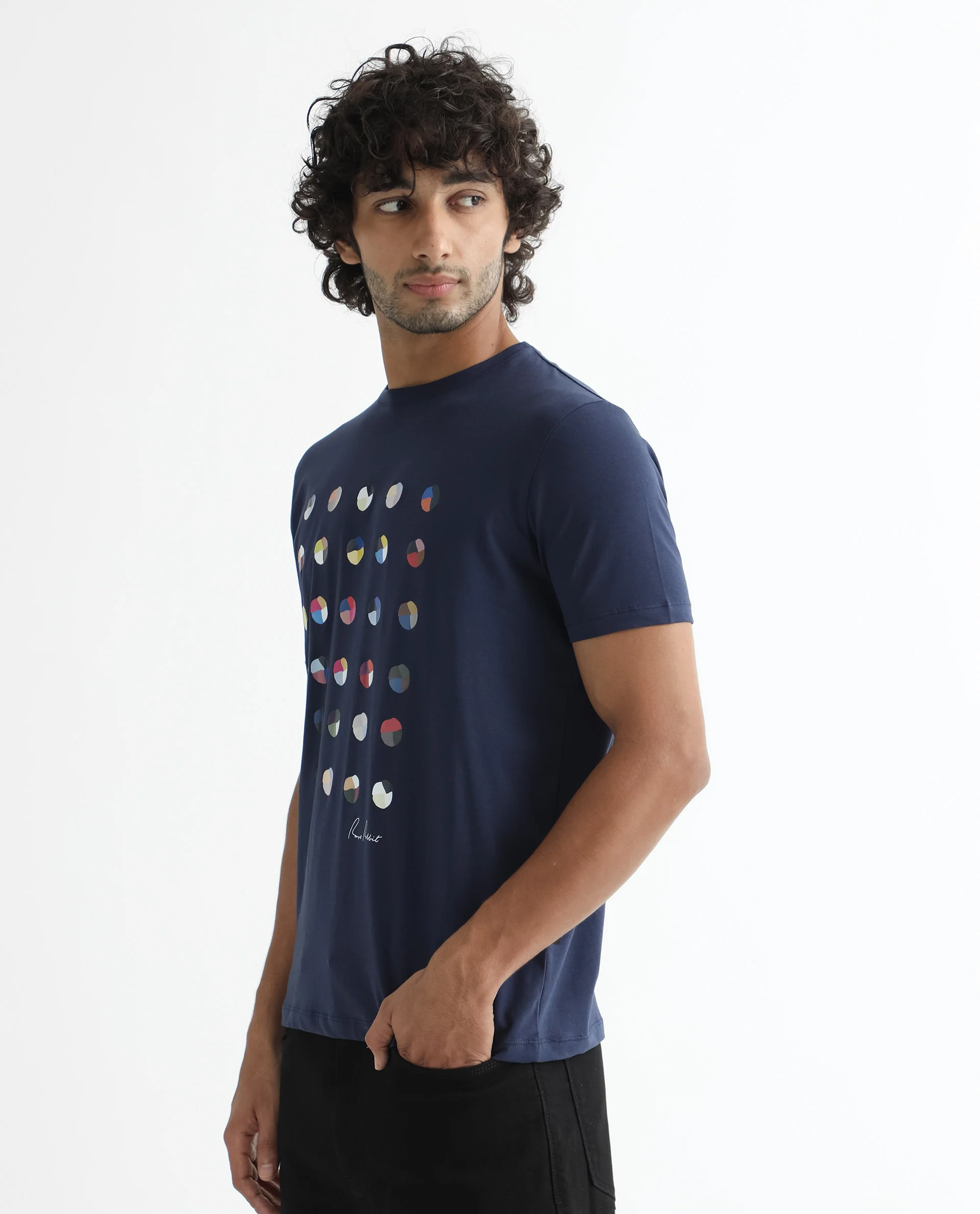 Rare Rabbit Men's Flipp Navy Cotton Graphic Print Slim Fit Half Sleeve Crew Neck T-Shirt - Image 3