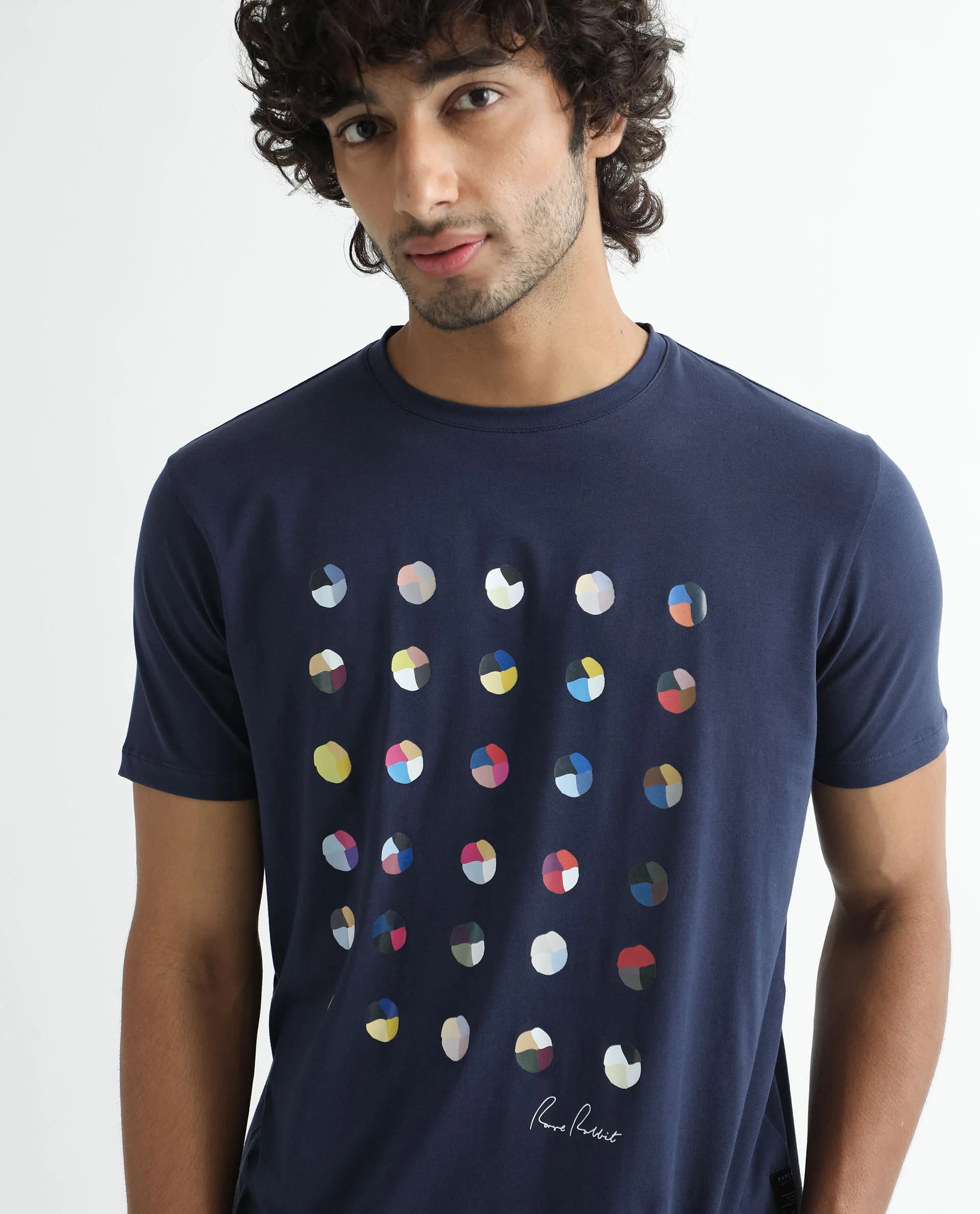 Rare Rabbit Men's Flipp Navy Cotton Graphic Print Slim Fit Half Sleeve Crew Neck T-Shirt - Image 4