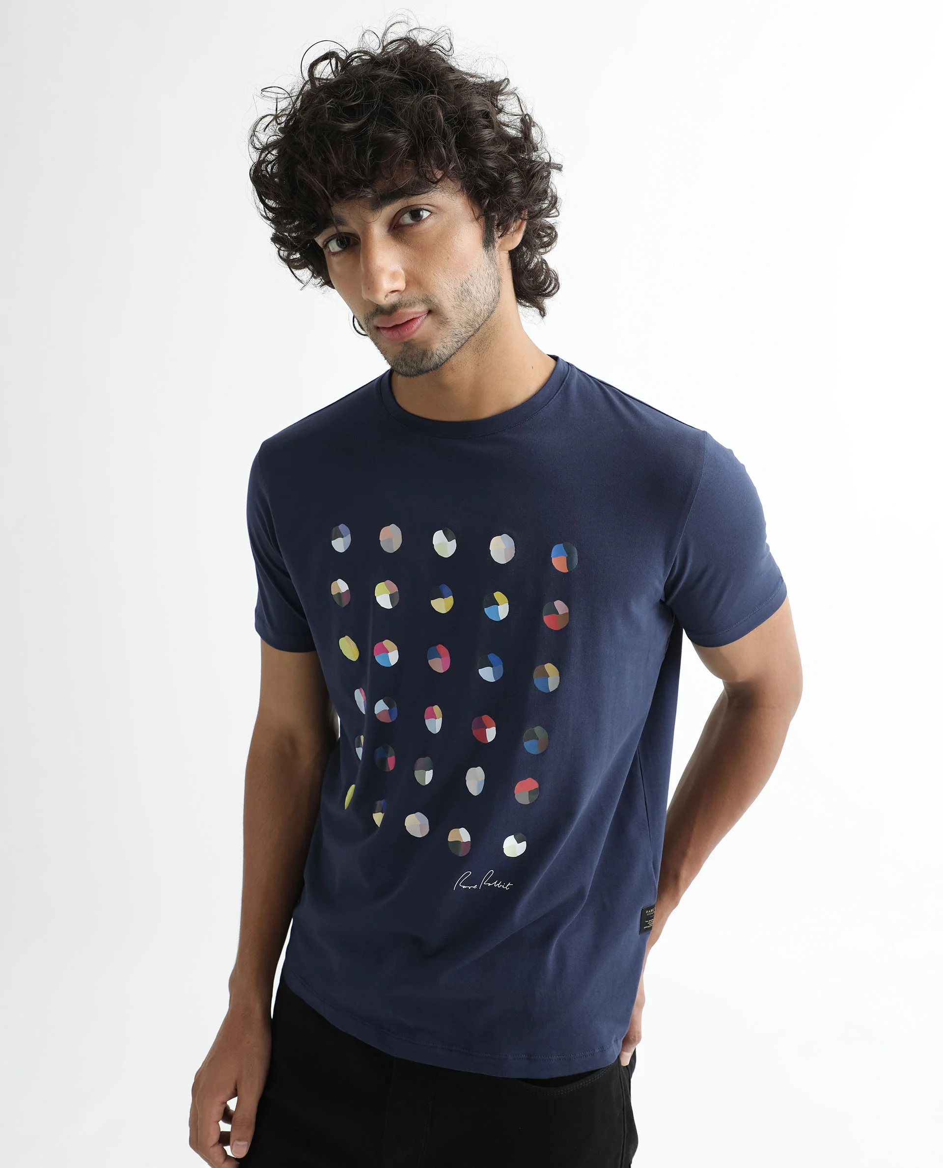 Rare Rabbit Men's Flipp Navy Cotton Graphic Print Slim Fit Half Sleeve Crew Neck T-Shirt - Image 5