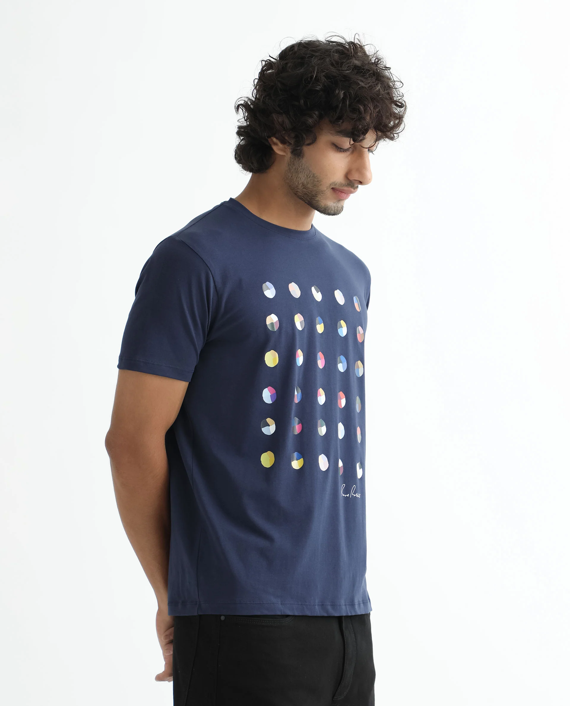 Rare Rabbit Men's Flipp Navy Cotton Graphic Print Slim Fit Half Sleeve Crew Neck T-Shirt - Image 6
