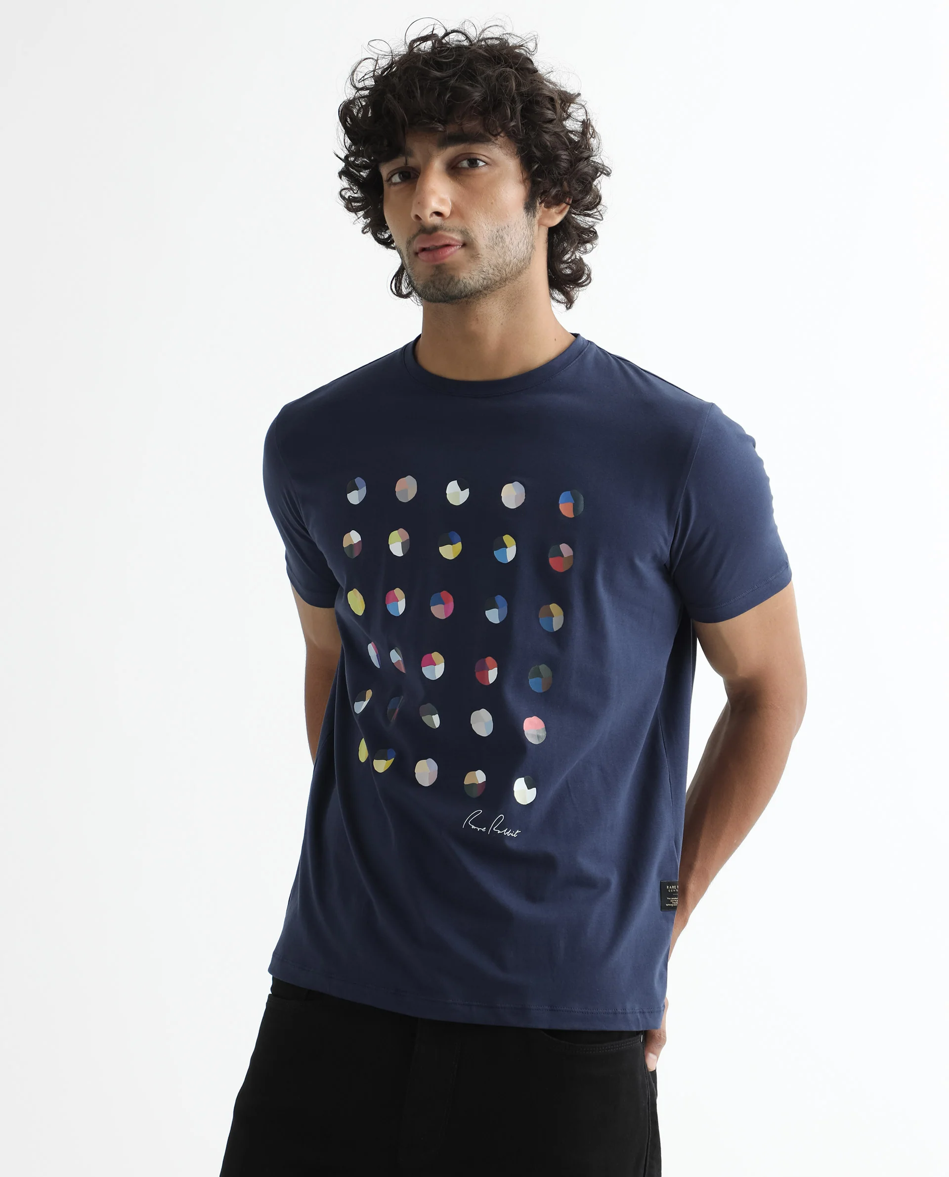 Rare Rabbit Men's Flipp Navy Cotton Graphic Print Slim Fit Half Sleeve Crew Neck T-Shirt - Image 7
