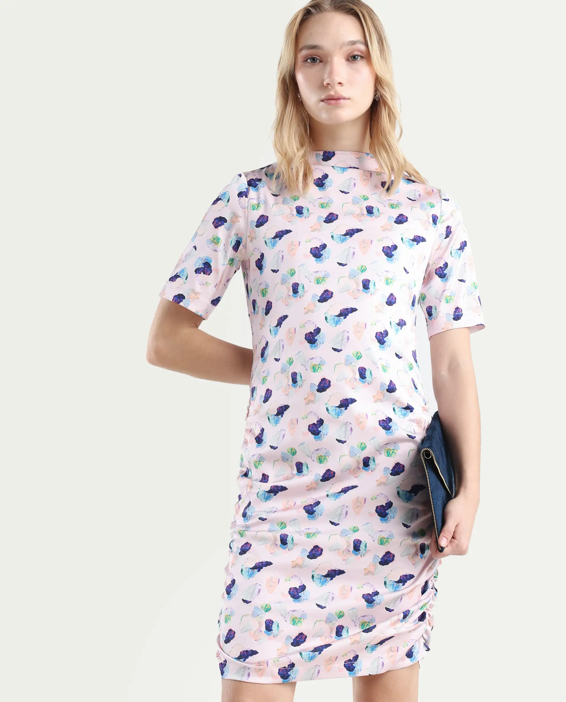Rareism Women's Flirty Pink Modal High Neck Abstract Print Knee Length Regular Fit Dress - Image 2
