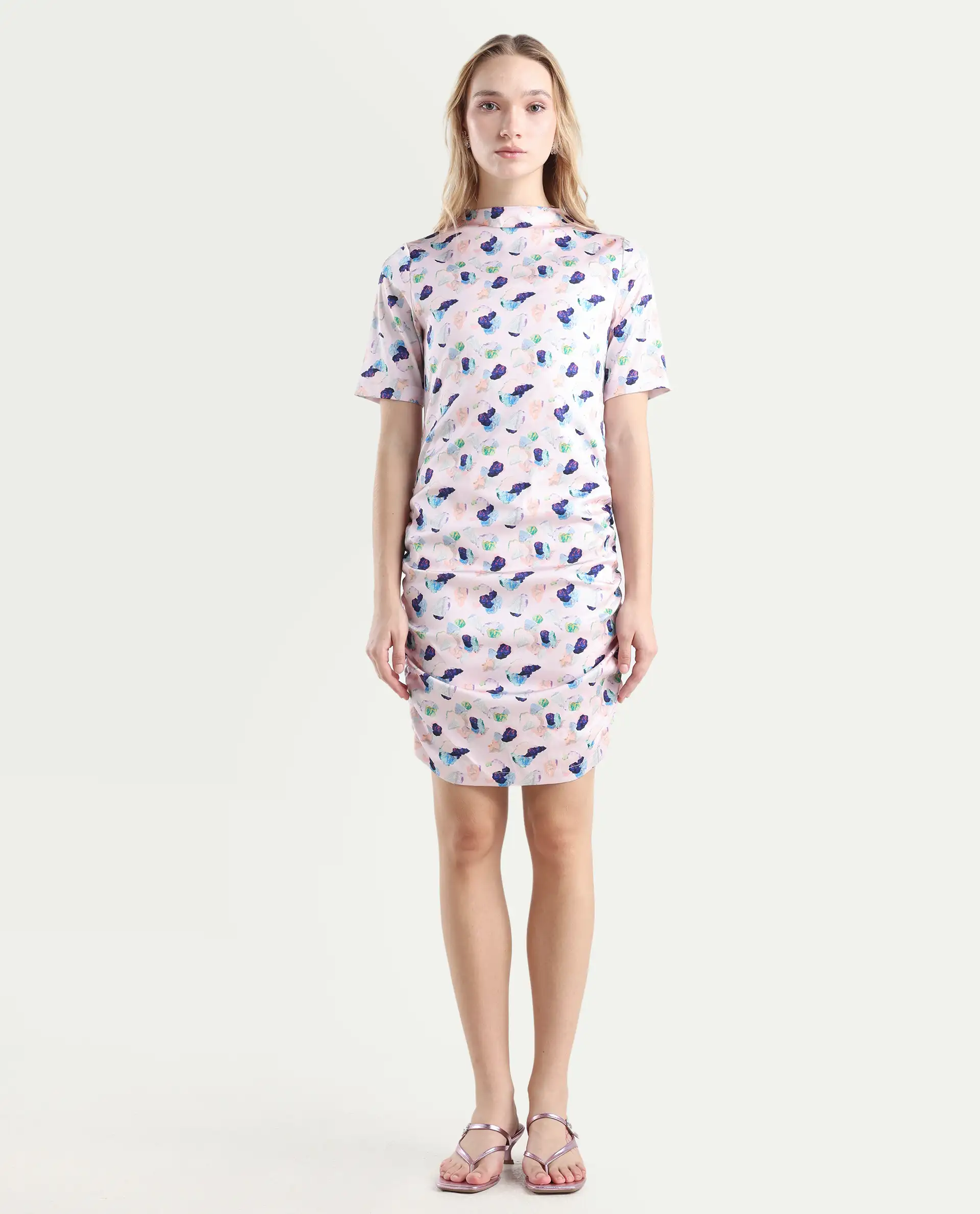 Rareism Women's Flirty Pink Modal High Neck Abstract Print Knee Length Regular Fit Dress - Image 3