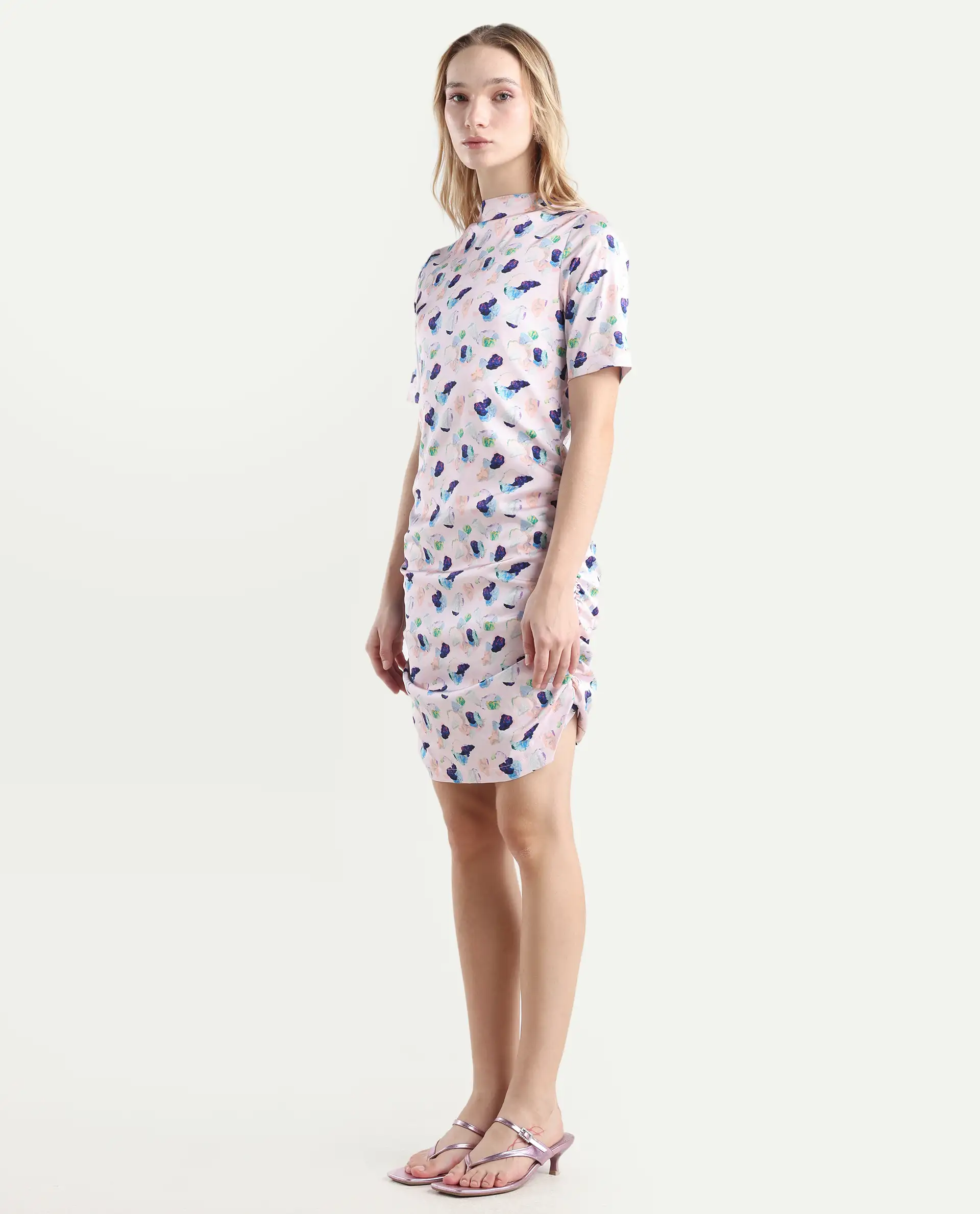 Rareism Women's Flirty Pink Modal High Neck Abstract Print Knee Length Regular Fit Dress - Image 6