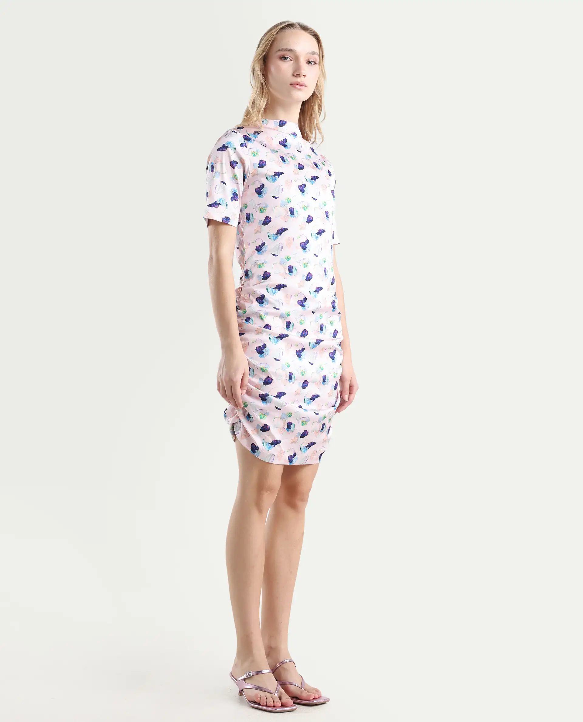 Rareism Women's Flirty Pink Modal High Neck Abstract Print Knee Length Regular Fit Dress - Image 7