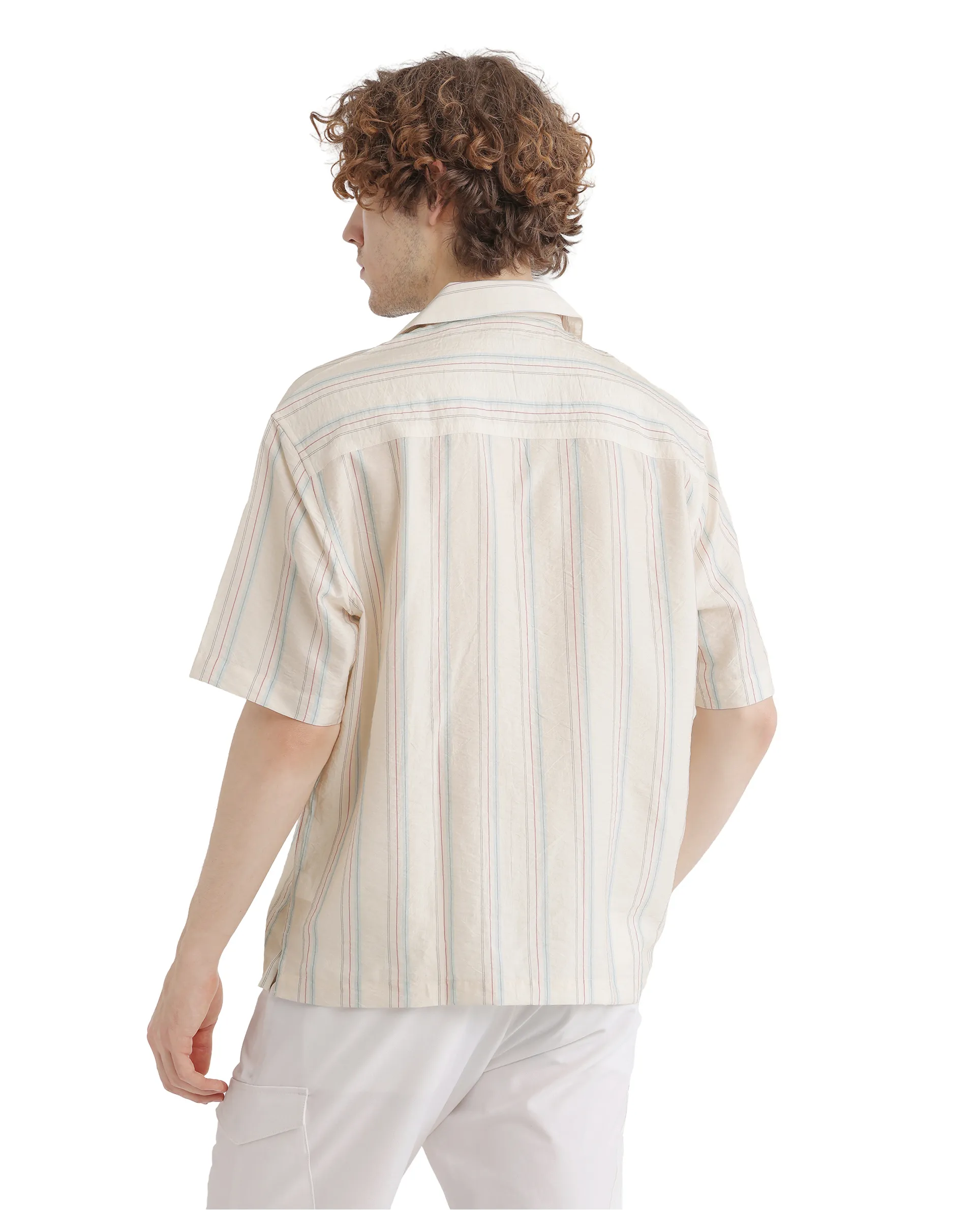 Rare Rabbit Men's Flitzom Offwhite Cotton Striped Print Boxy Fit Half Sleeve Cuban Collar Shirt - Image 4