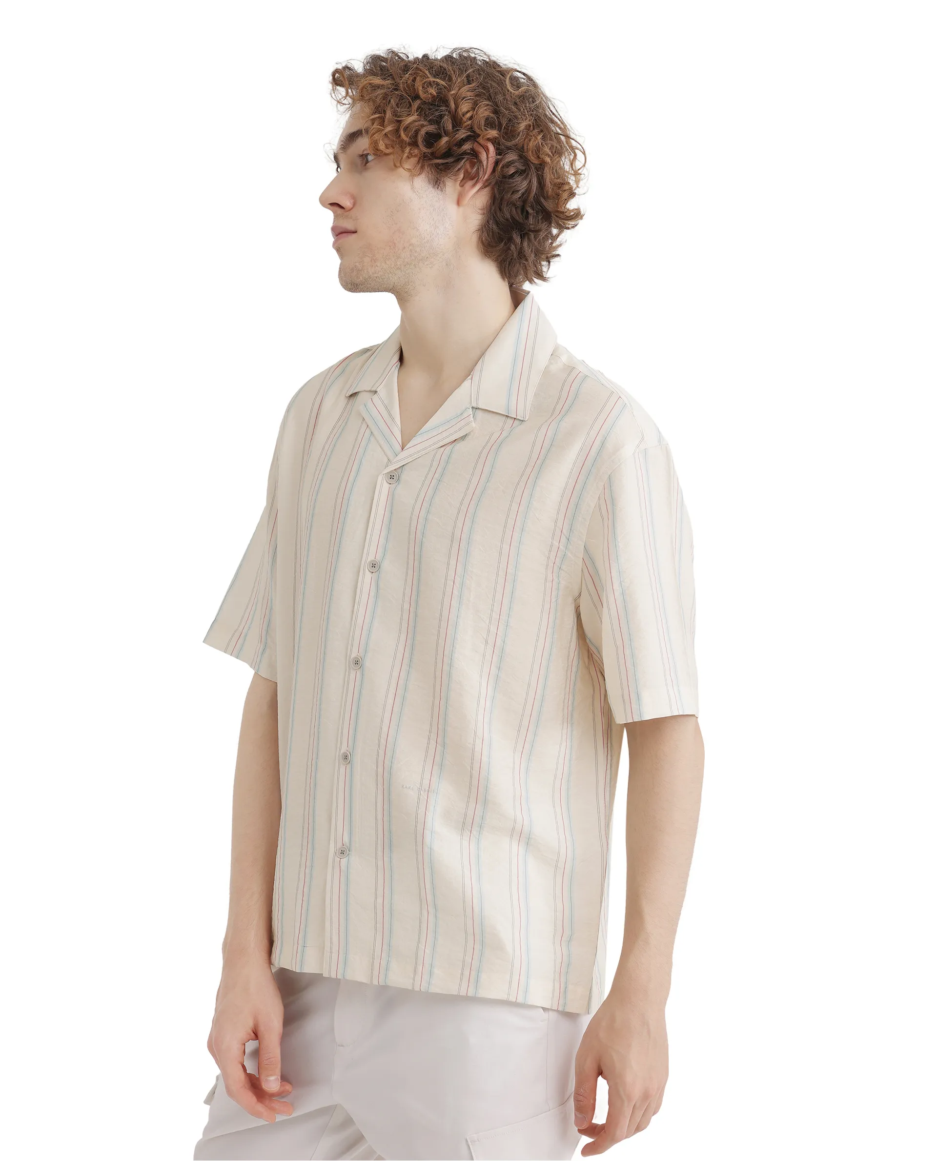 Rare Rabbit Men's Flitzom Offwhite Cotton Striped Print Boxy Fit Half Sleeve Cuban Collar Shirt - Image 5