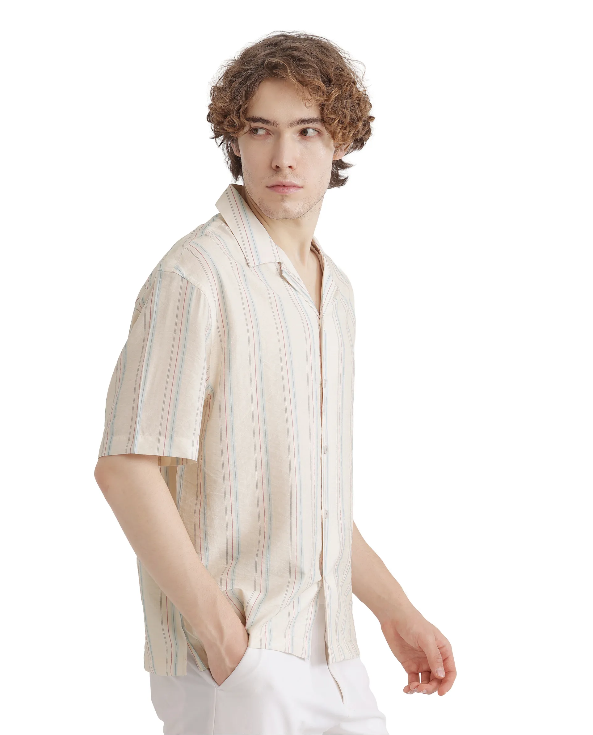 Rare Rabbit Men's Flitzom Offwhite Cotton Striped Print Boxy Fit Half Sleeve Cuban Collar Shirt - Image 6