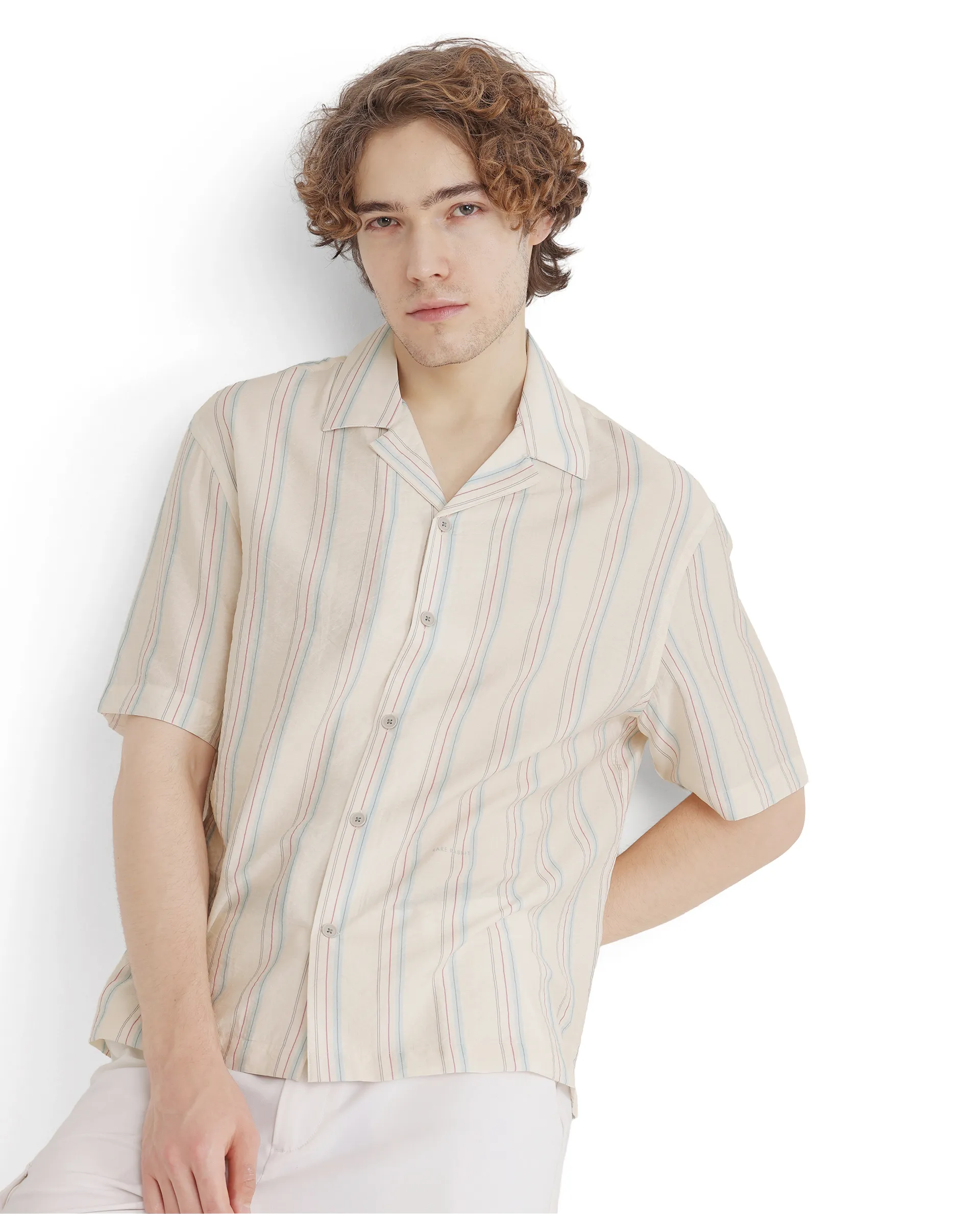 Rare Rabbit Men's Flitzom Offwhite Cotton Striped Print Boxy Fit Half Sleeve Cuban Collar Shirt - Image 8