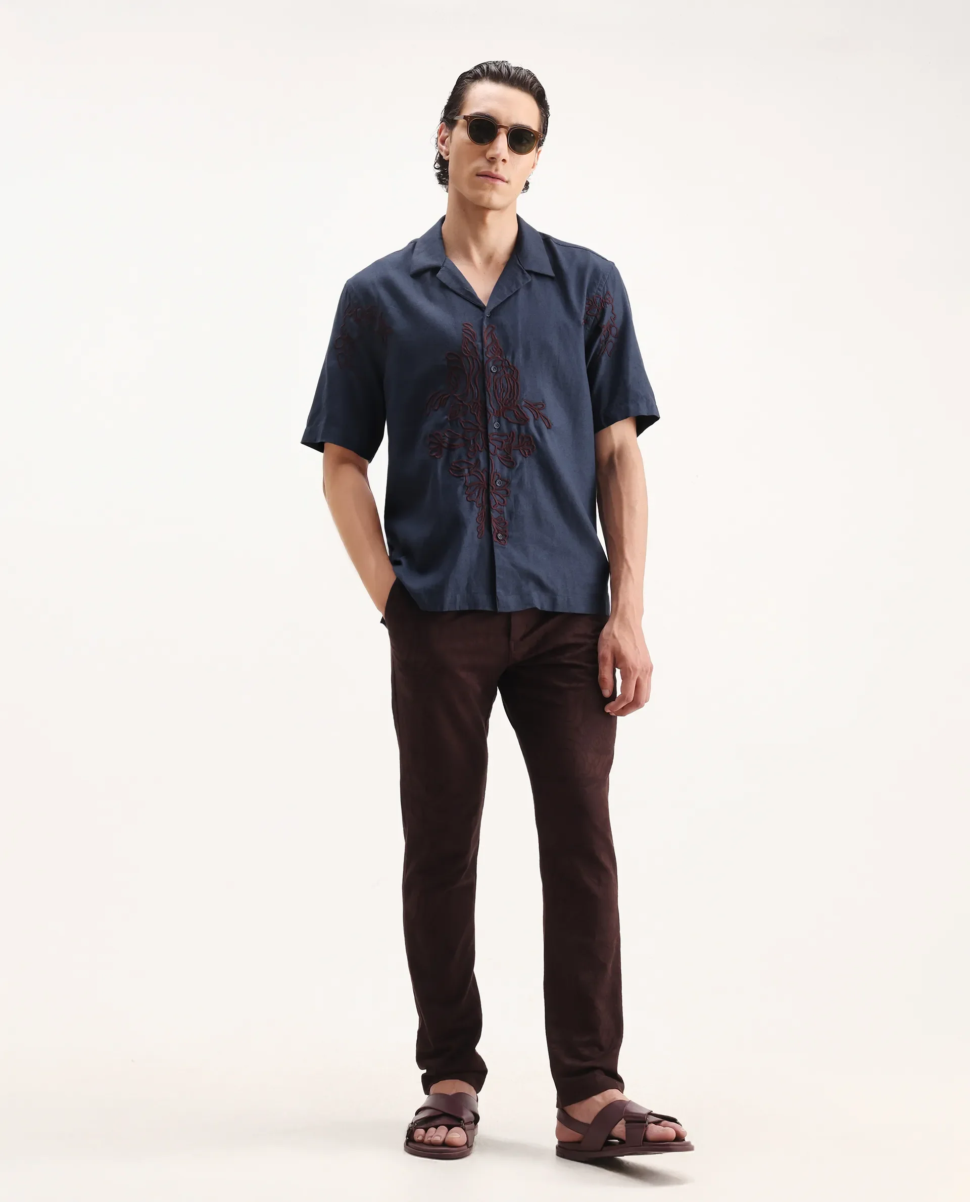 Rare Rabbit Men's Flmbo Navy Cotton Blend Embroidered Boxy Fit Half Sleeve Cuban Collar Shirt - Image 2