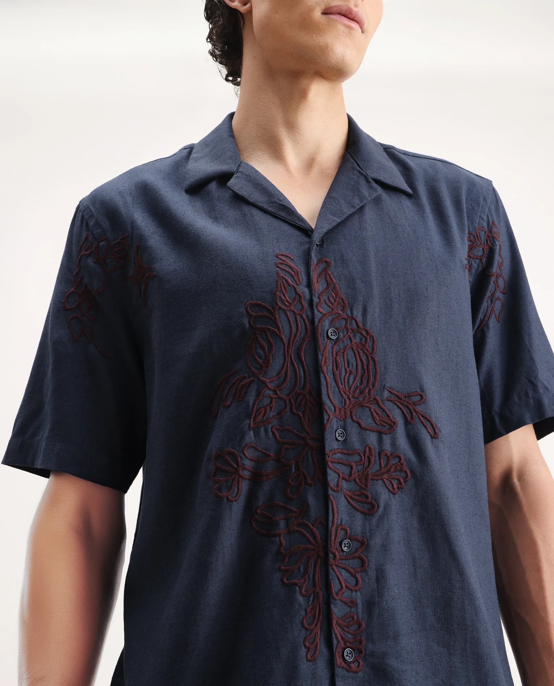 Rare Rabbit Men's Flmbo Navy Cotton Blend Embroidered Boxy Fit Half Sleeve Cuban Collar Shirt - Image 3