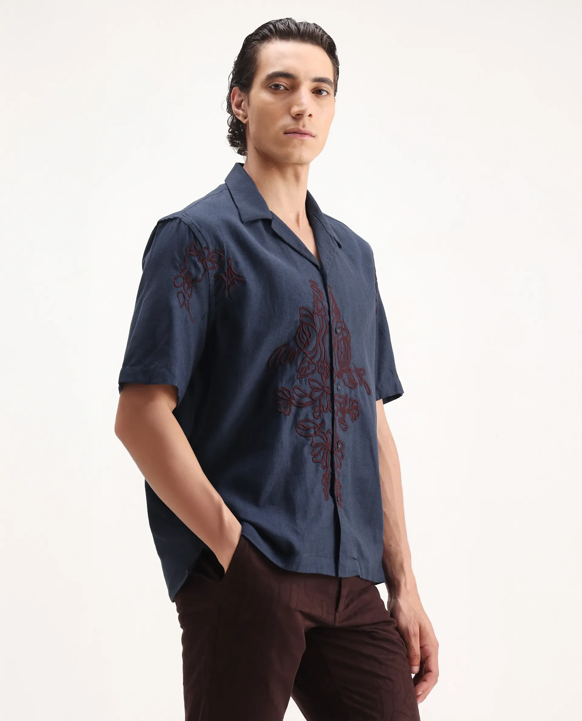 Rare Rabbit Men's Flmbo Navy Cotton Blend Embroidered Boxy Fit Half Sleeve Cuban Collar Shirt - Image 4