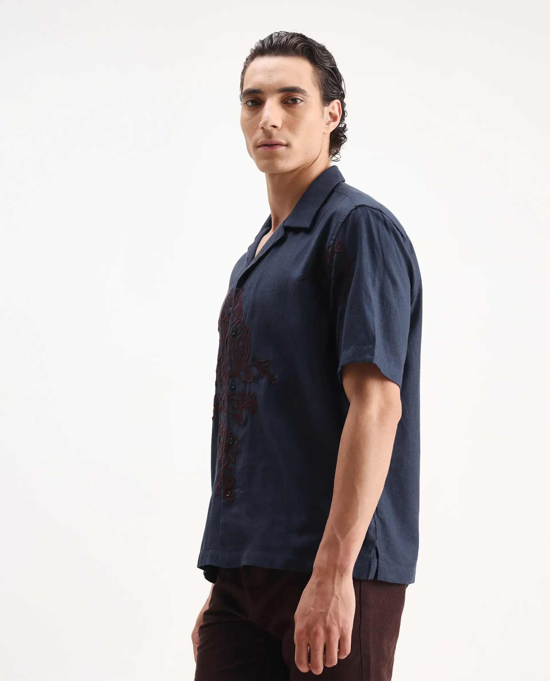 Rare Rabbit Men's Flmbo Navy Cotton Blend Embroidered Boxy Fit Half Sleeve Cuban Collar Shirt - Image 5