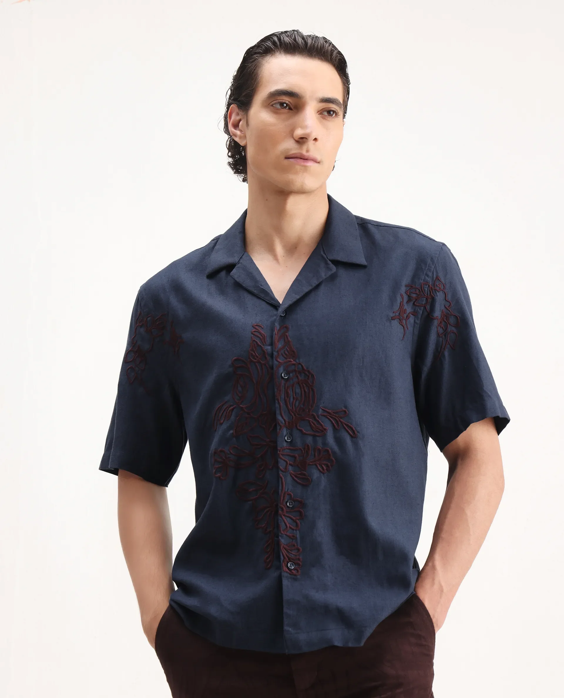 Rare Rabbit Men's Flmbo Navy Cotton Blend Embroidered Boxy Fit Half Sleeve Cuban Collar Shirt - Image 6