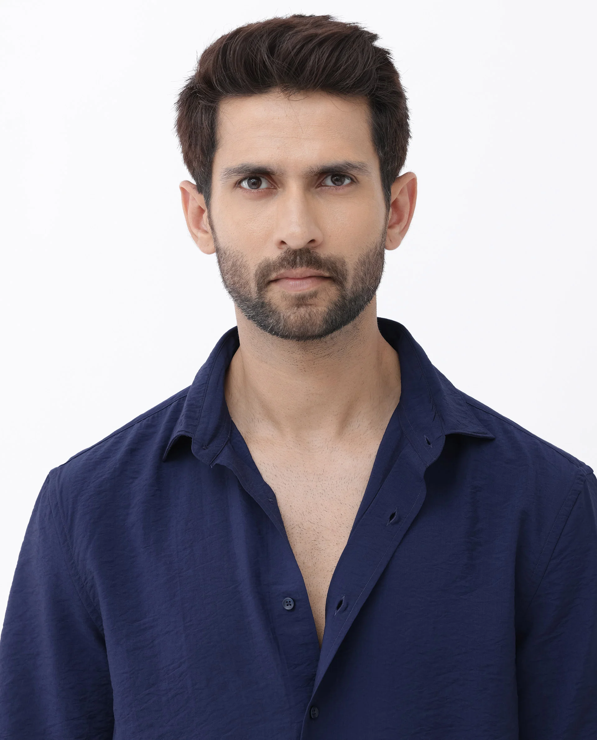 Rare Rabbit Men's Flo-11 Navy Viscose Blend Plain Boxy Fit Half Sleeve Collared Shirt - Image 2