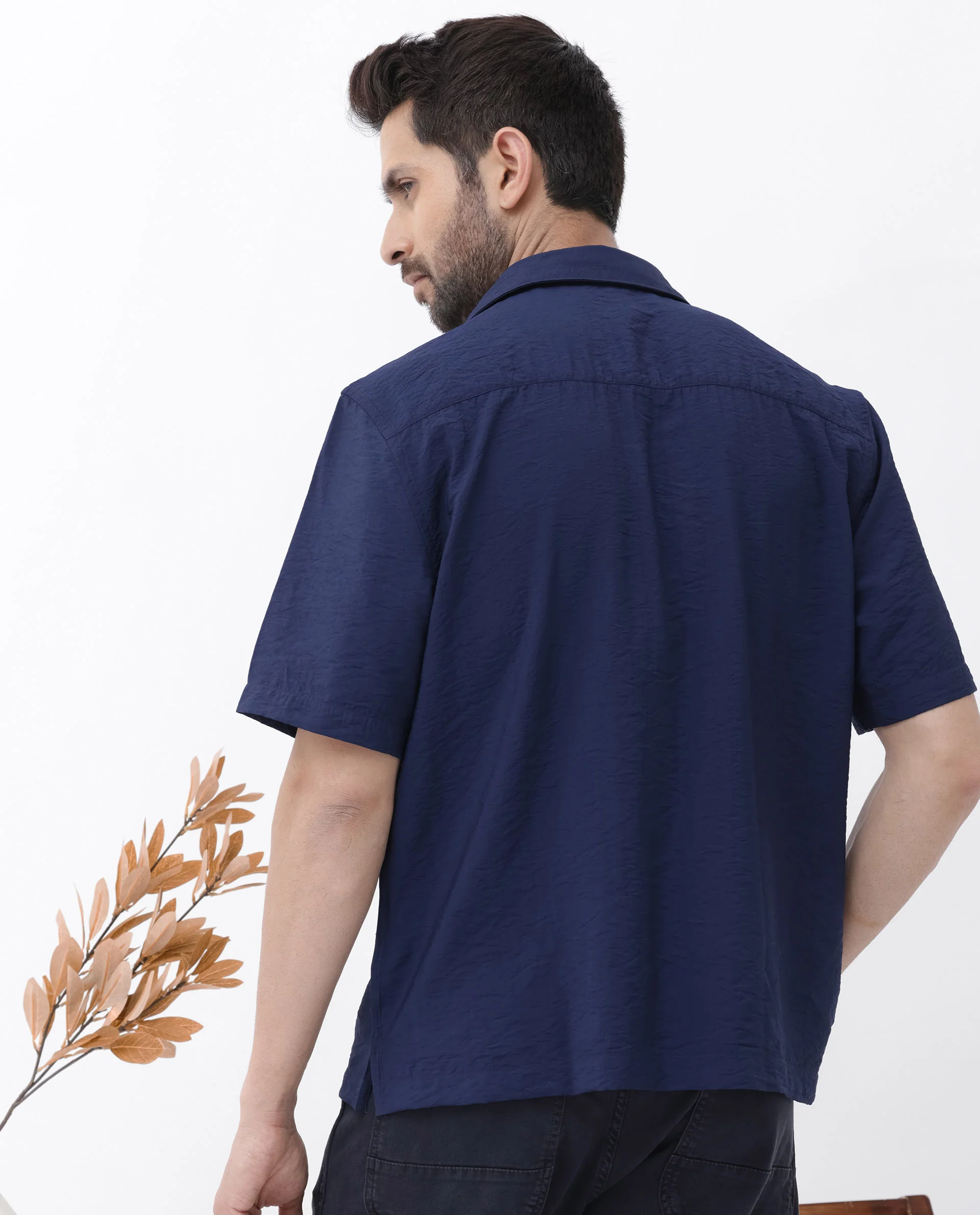 Rare Rabbit Men's Flo-11 Navy Viscose Blend Plain Boxy Fit Half Sleeve Collared Shirt - Image 7