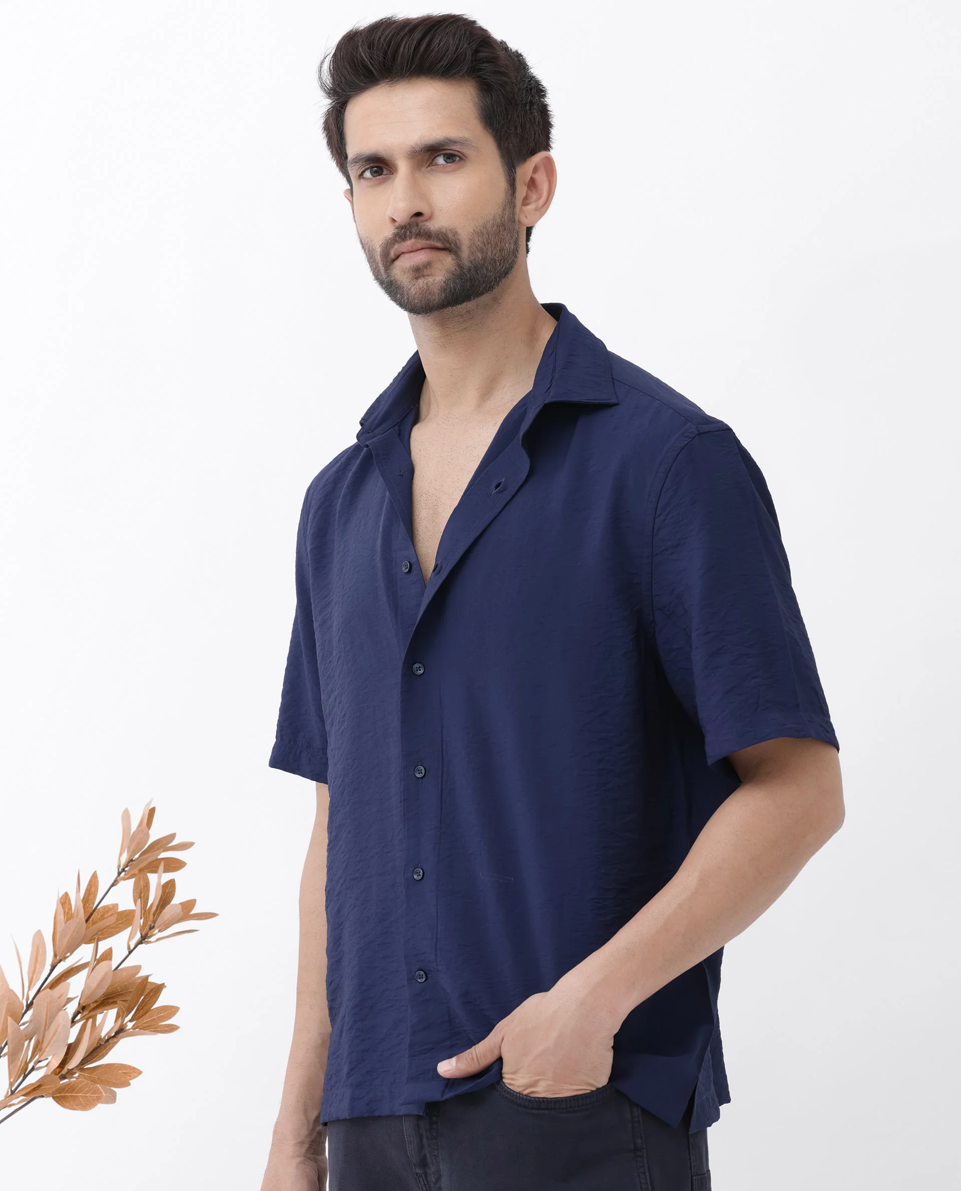 Rare Rabbit Men's Flo-11 Navy Viscose Blend Plain Boxy Fit Half Sleeve Collared Shirt - Image 8