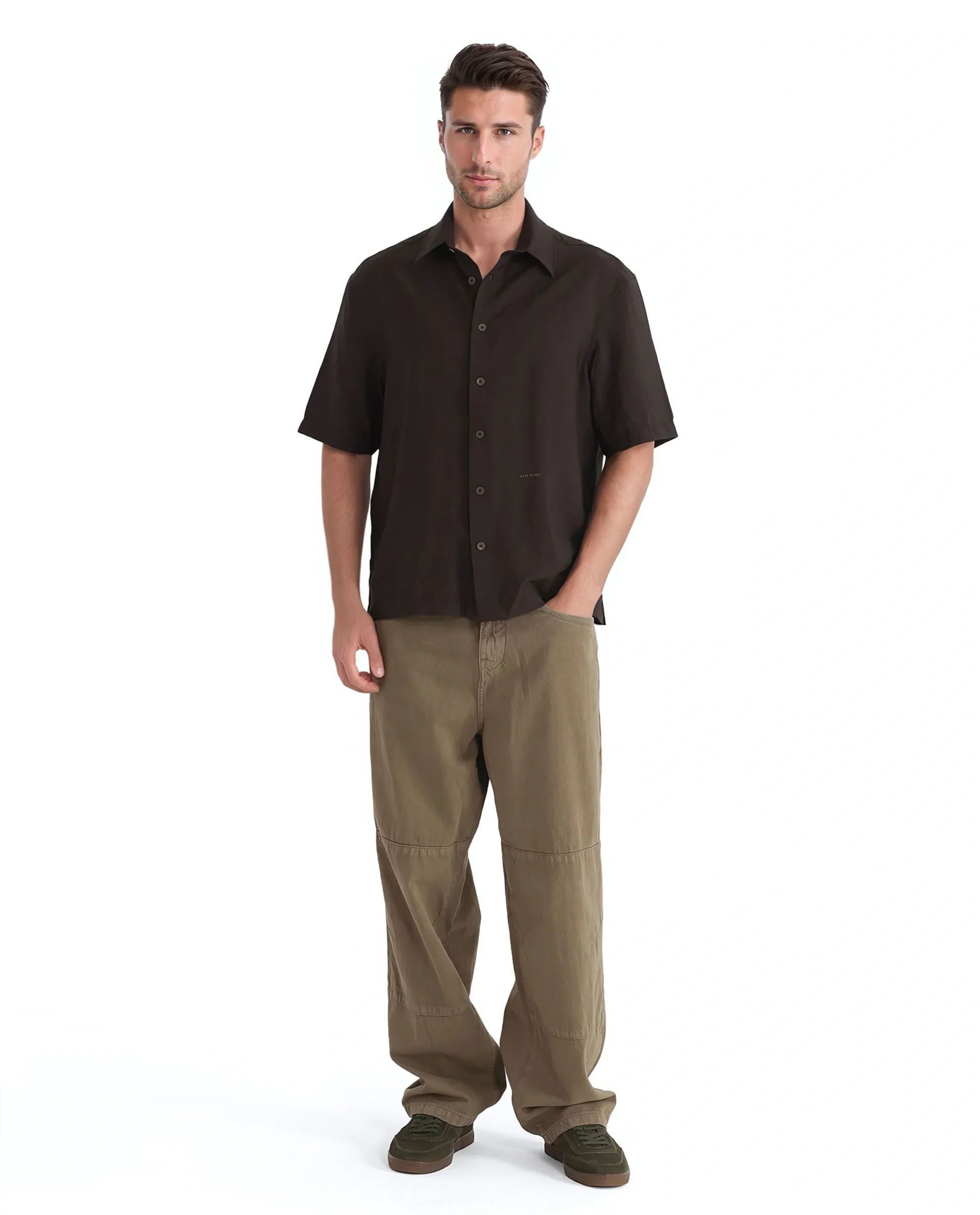Rare Rabbit Men's Flo Dark Brown Viscose Blend Plain Boxy Fit Half Sleeve Collared Shirt - Image 2