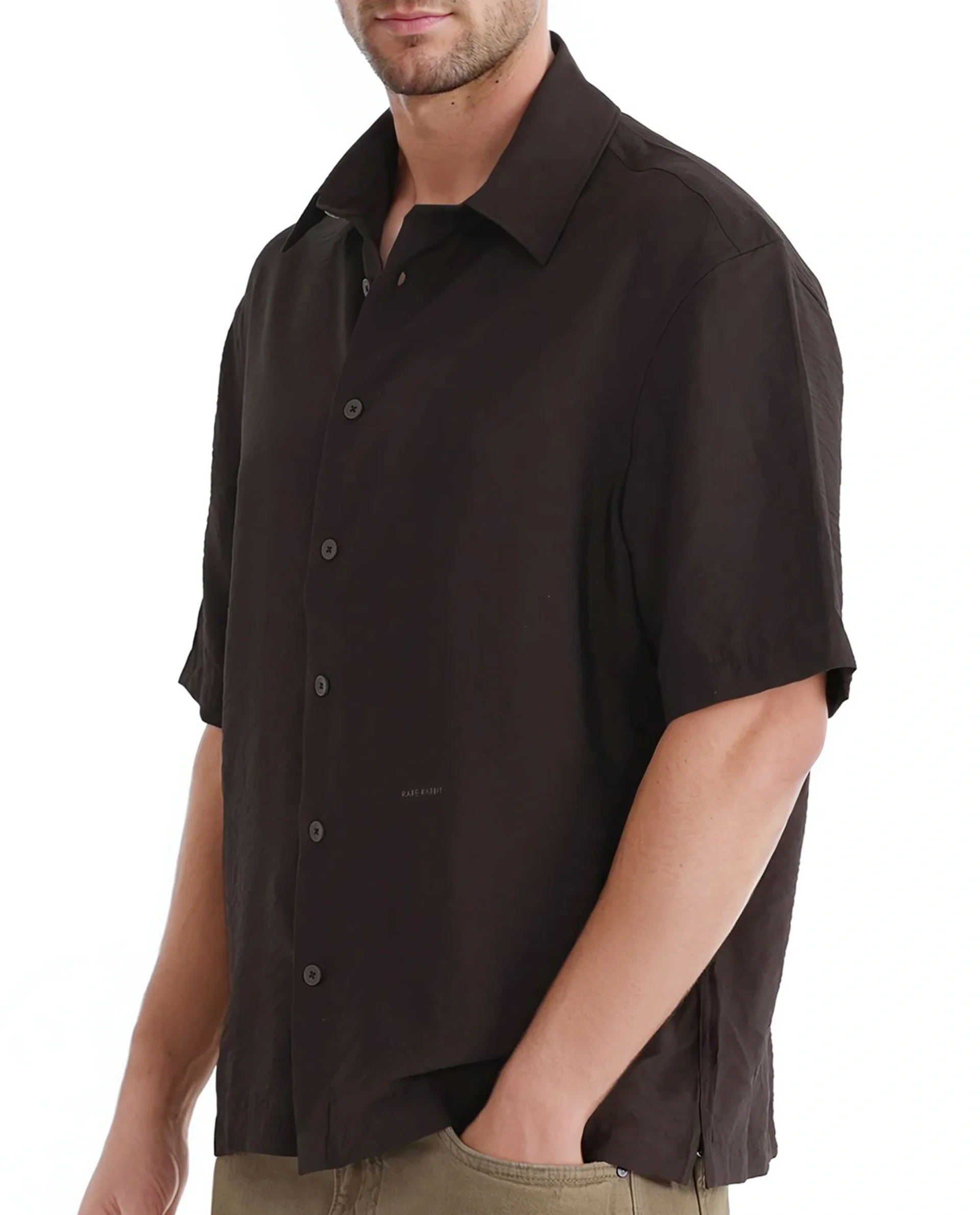 Rare Rabbit Men's Flo Dark Brown Viscose Blend Plain Boxy Fit Half Sleeve Collared Shirt - Image 3