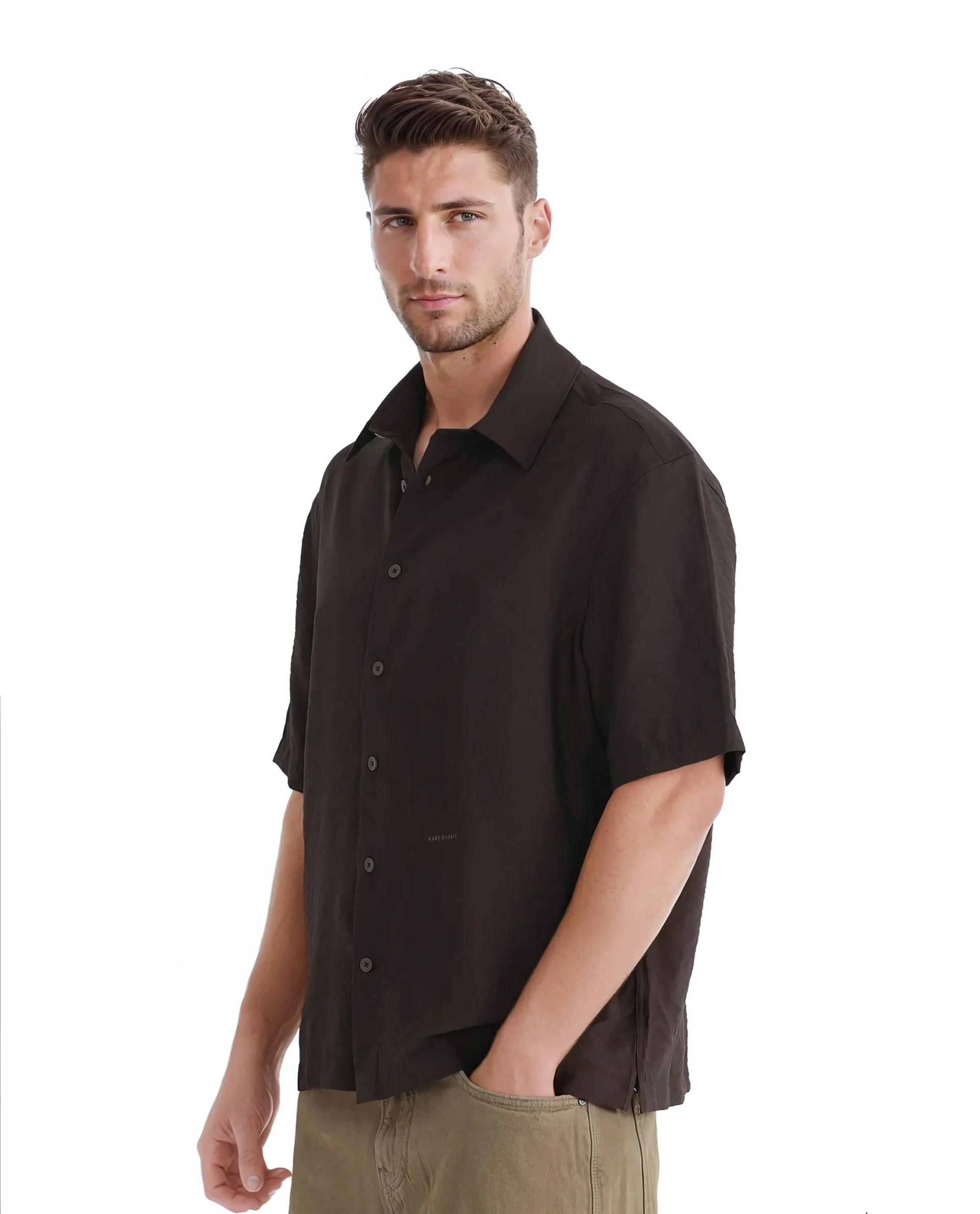 Rare Rabbit Men's Flo Dark Brown Viscose Blend Plain Boxy Fit Half Sleeve Collared Shirt - Image 5