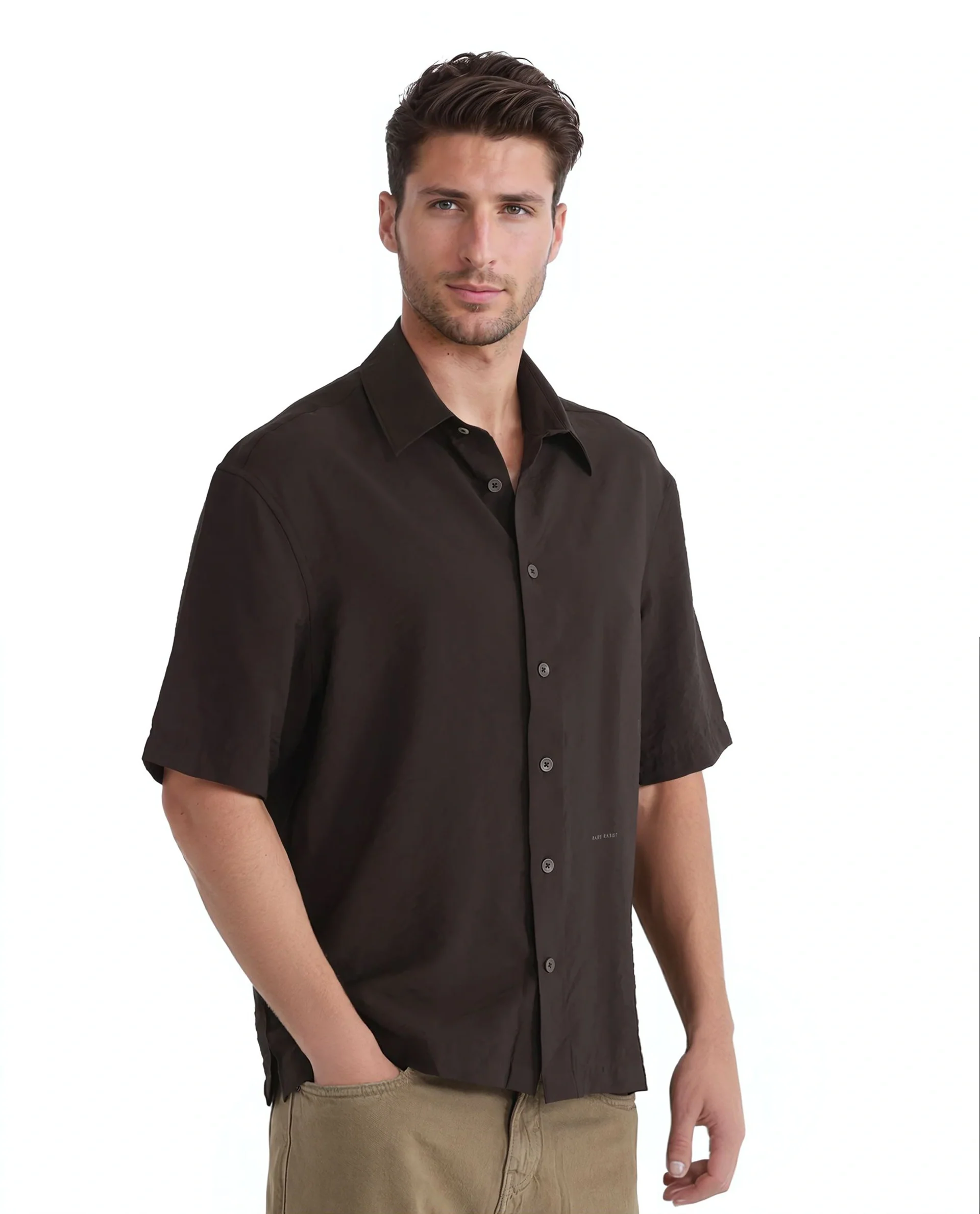 Rare Rabbit Men's Flo Dark Brown Viscose Blend Plain Boxy Fit Half Sleeve Collared Shirt - Image 6