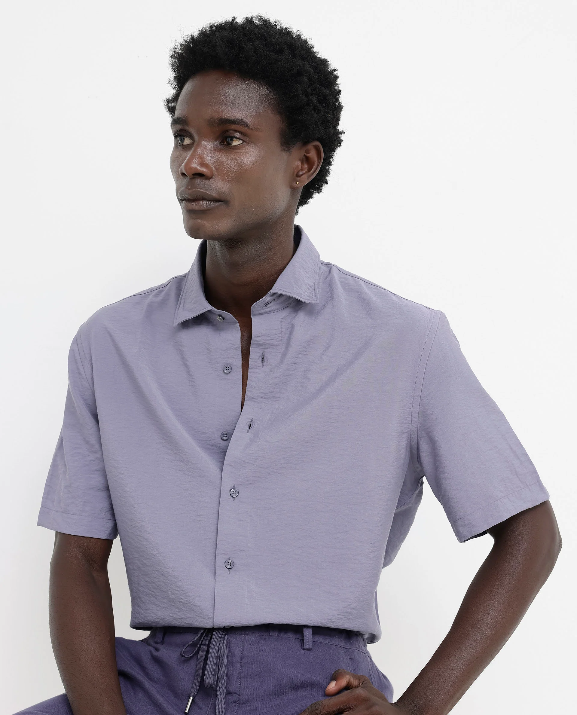 Rare Rabbit Men's Flo Dusky Purple Viscose Textured Boxy Fit Half Sleeve Collared Shirt