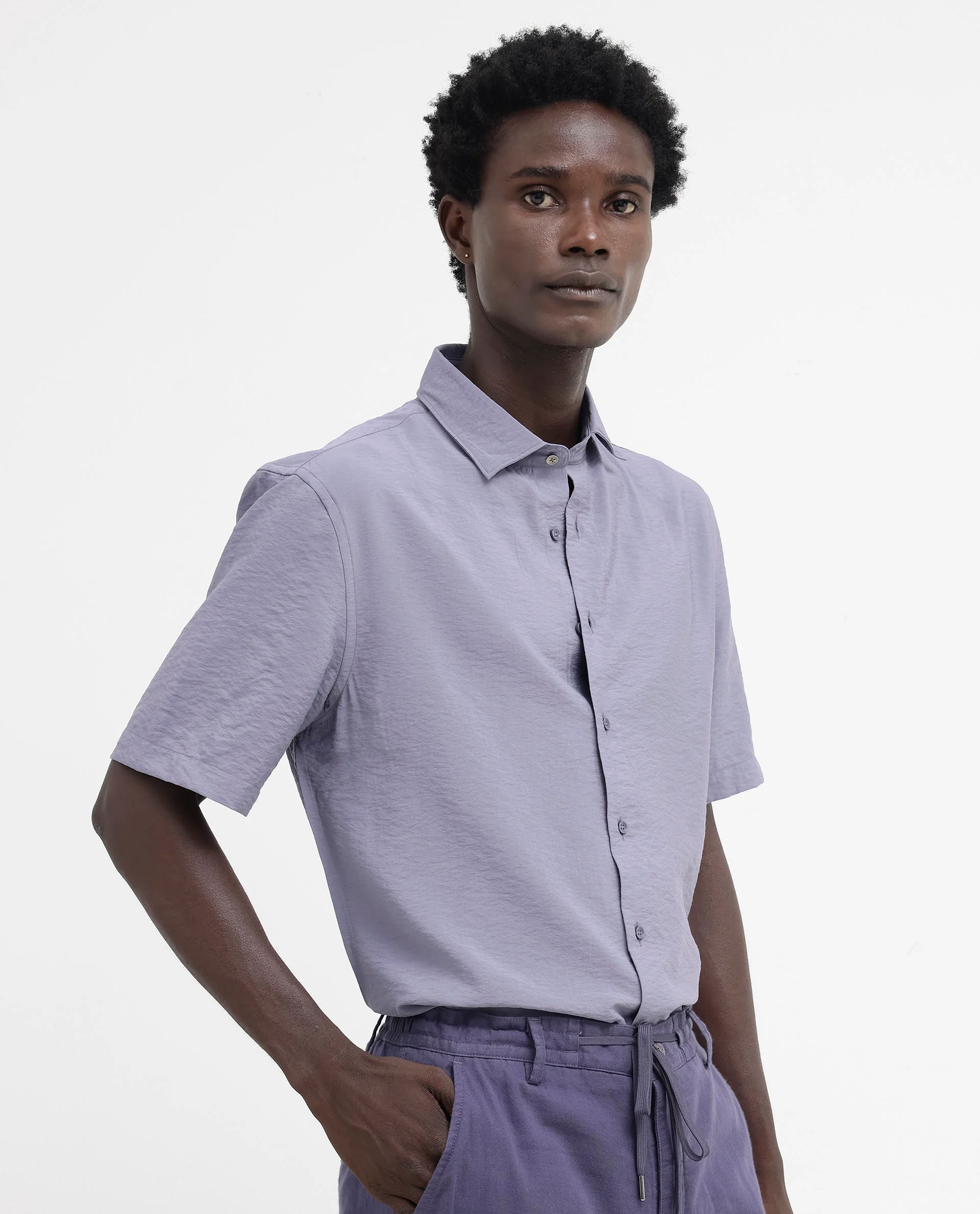 Rare Rabbit Men's Flo Dusky Purple Viscose Textured Boxy Fit Half Sleeve Collared Shirt - Image 3